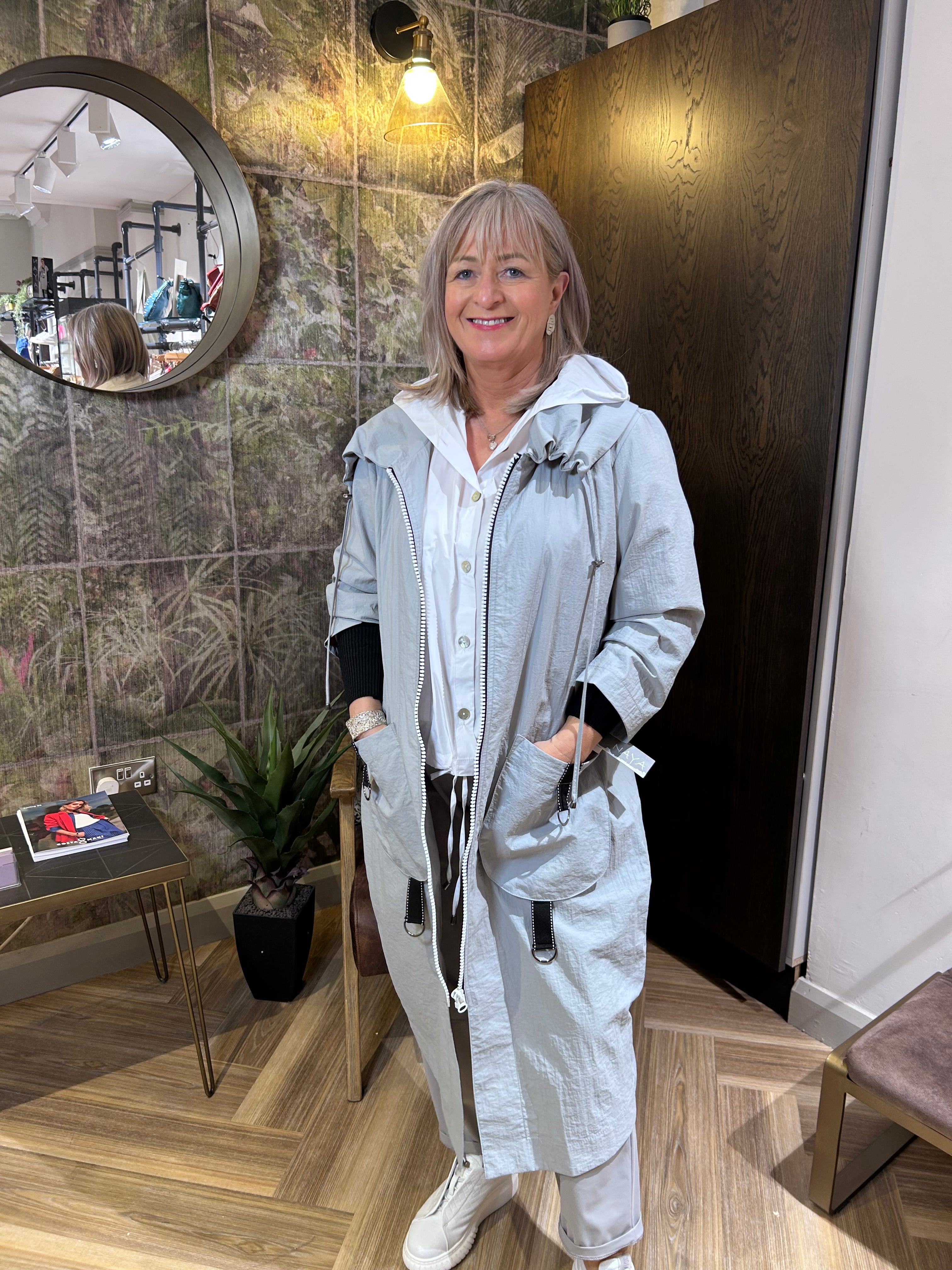 Hooded Coat With D Ring Trim At Pockets in Silver