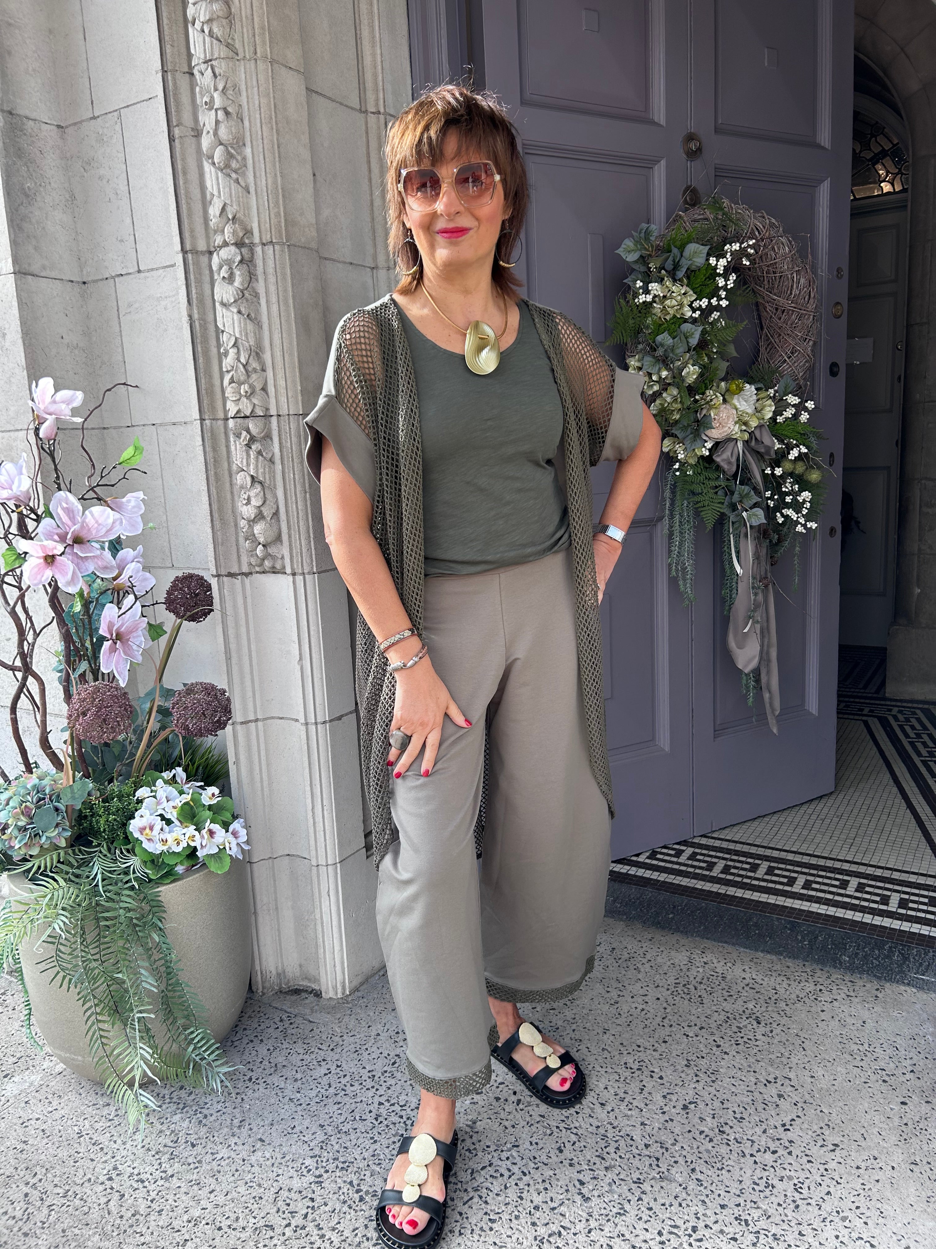 Mesh Hem Trousers in Khaki Mix
