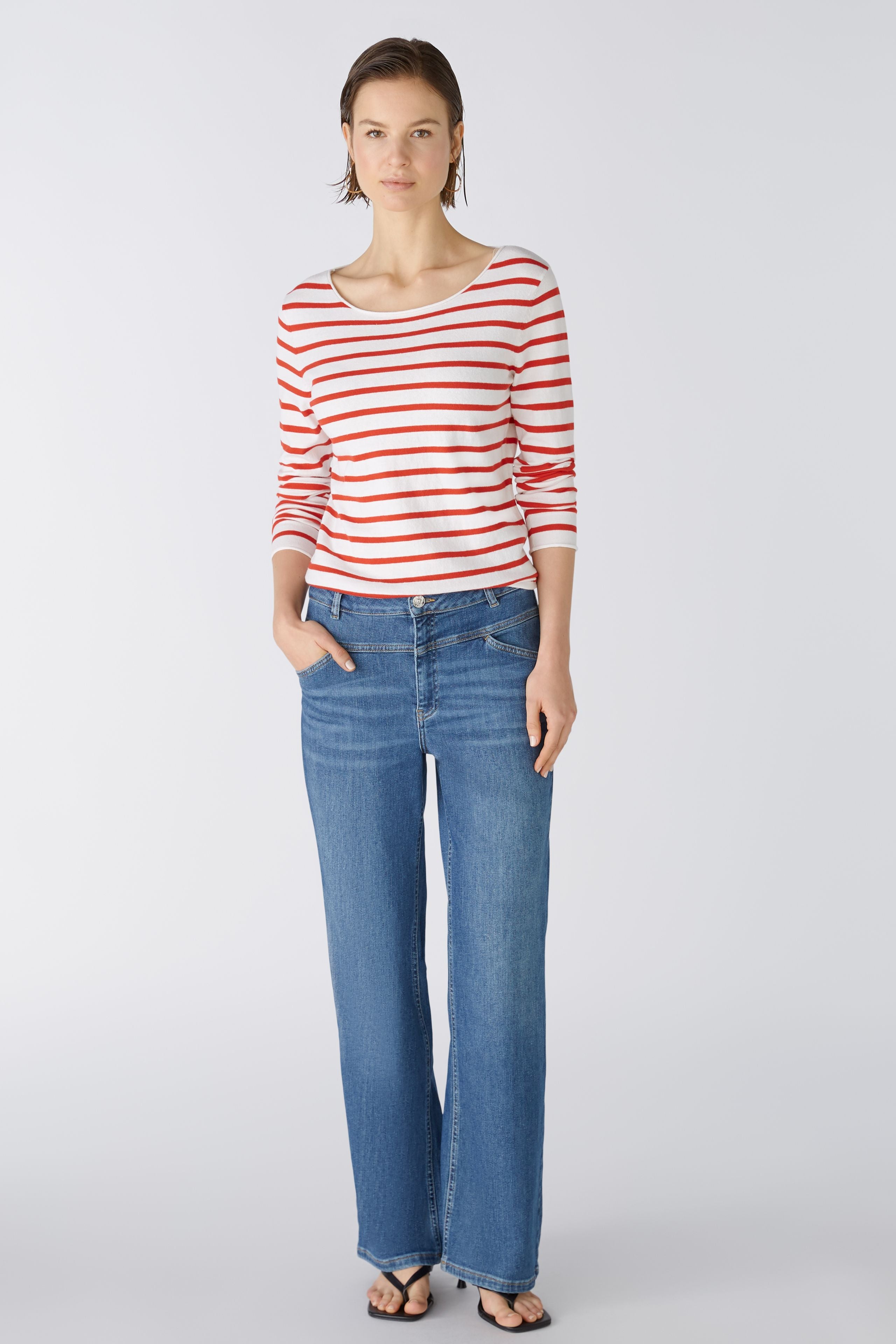 Long Sleeve Stripe Top in White/Red