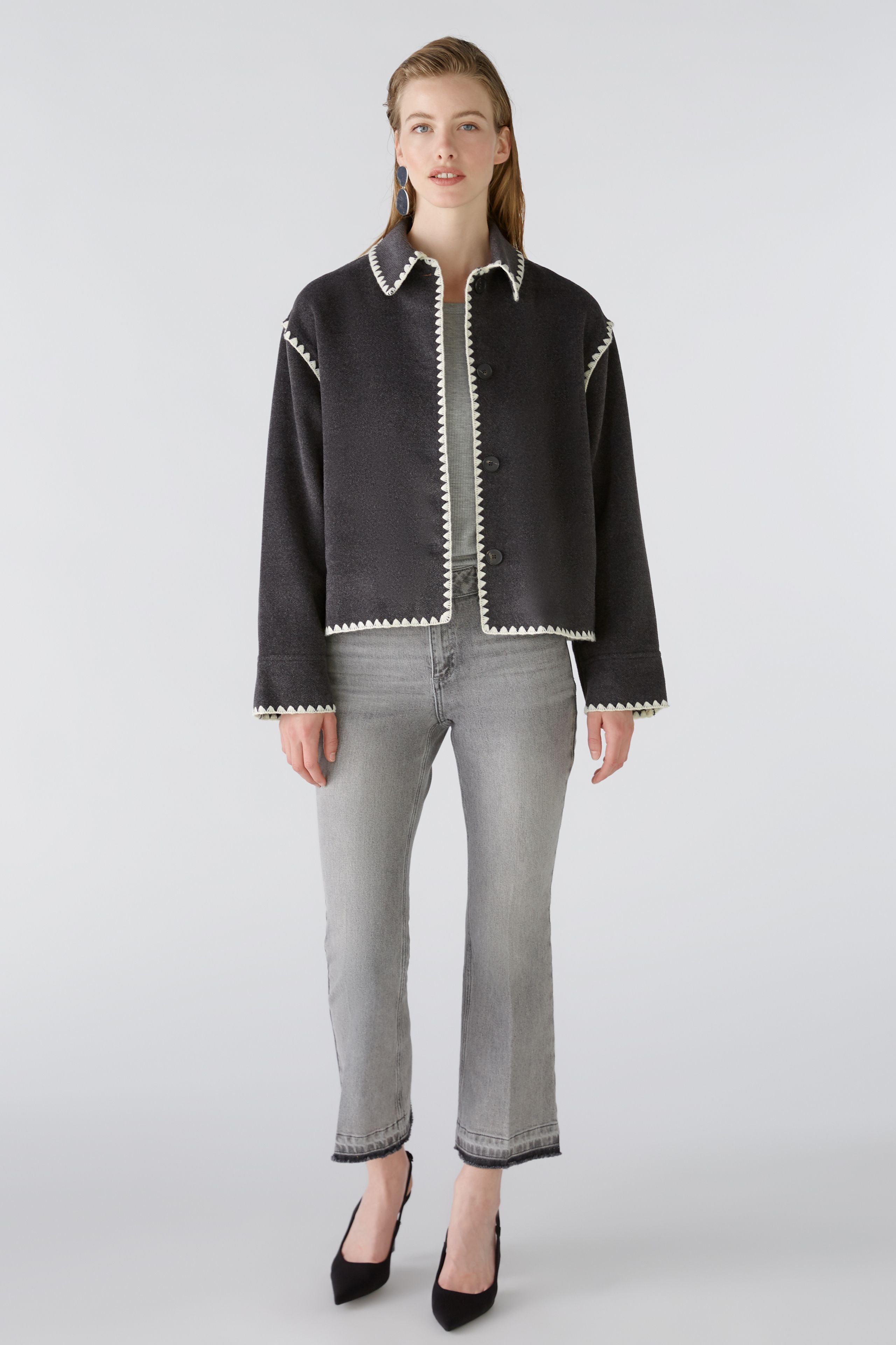 Soft Jacket with Contrast Embroidery in Dark Grey