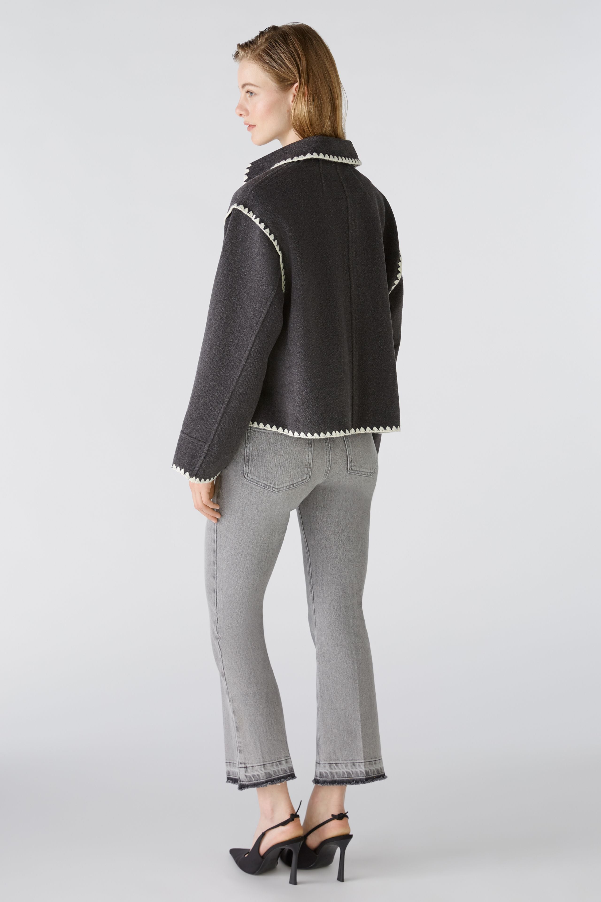 Soft Jacket with Contrast Embroidery in Dark Grey