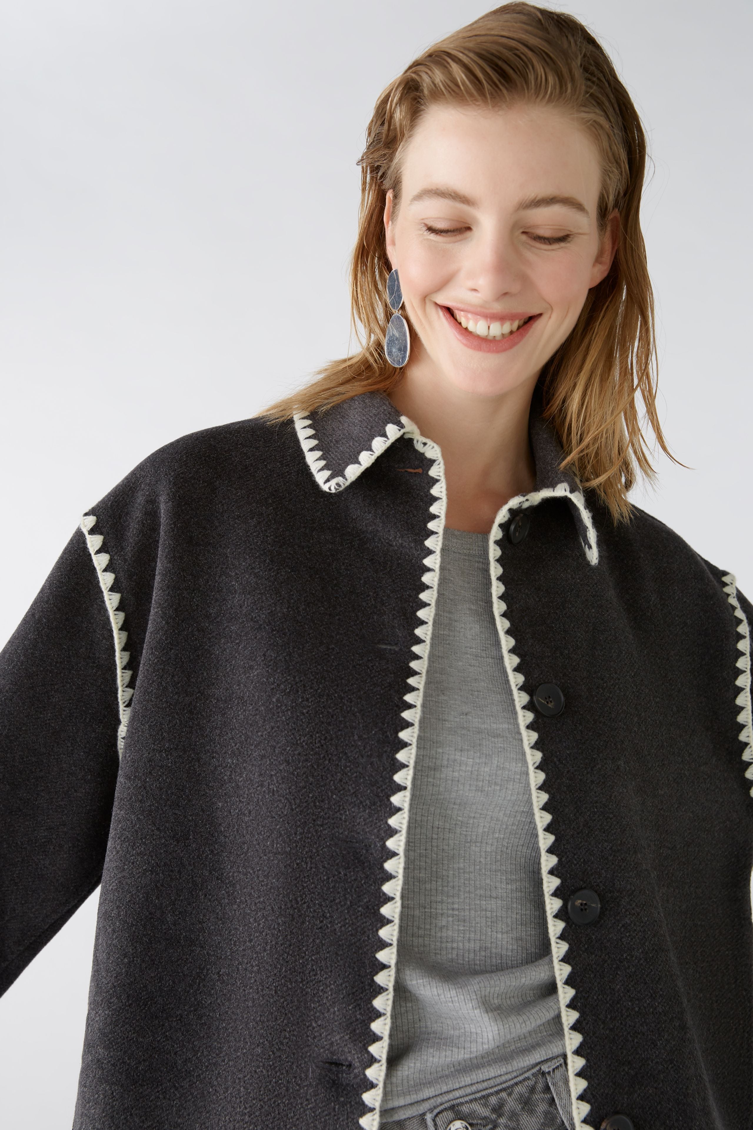 Soft Jacket with Contrast Embroidery in Dark Grey