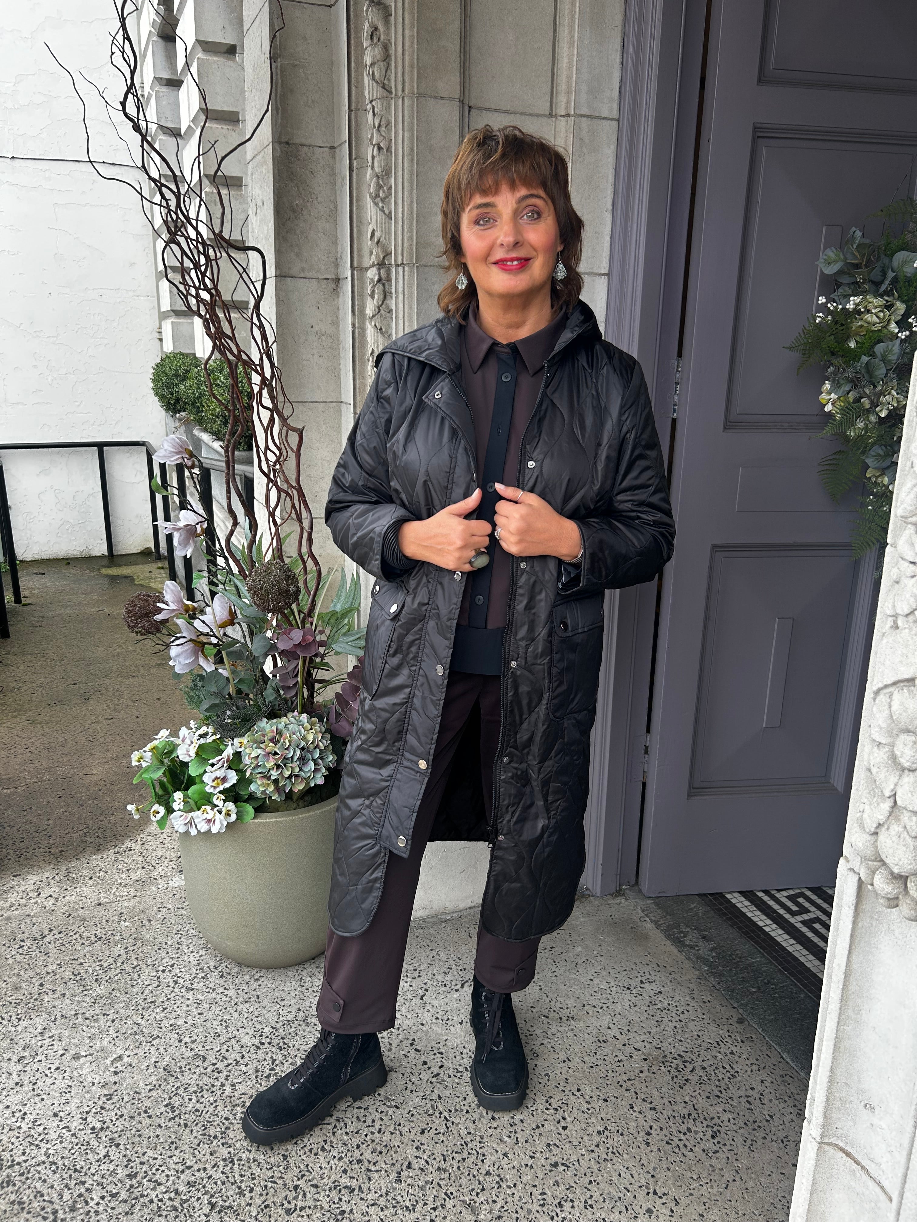 Padded Coat With Pocket And Stud Detail in Black