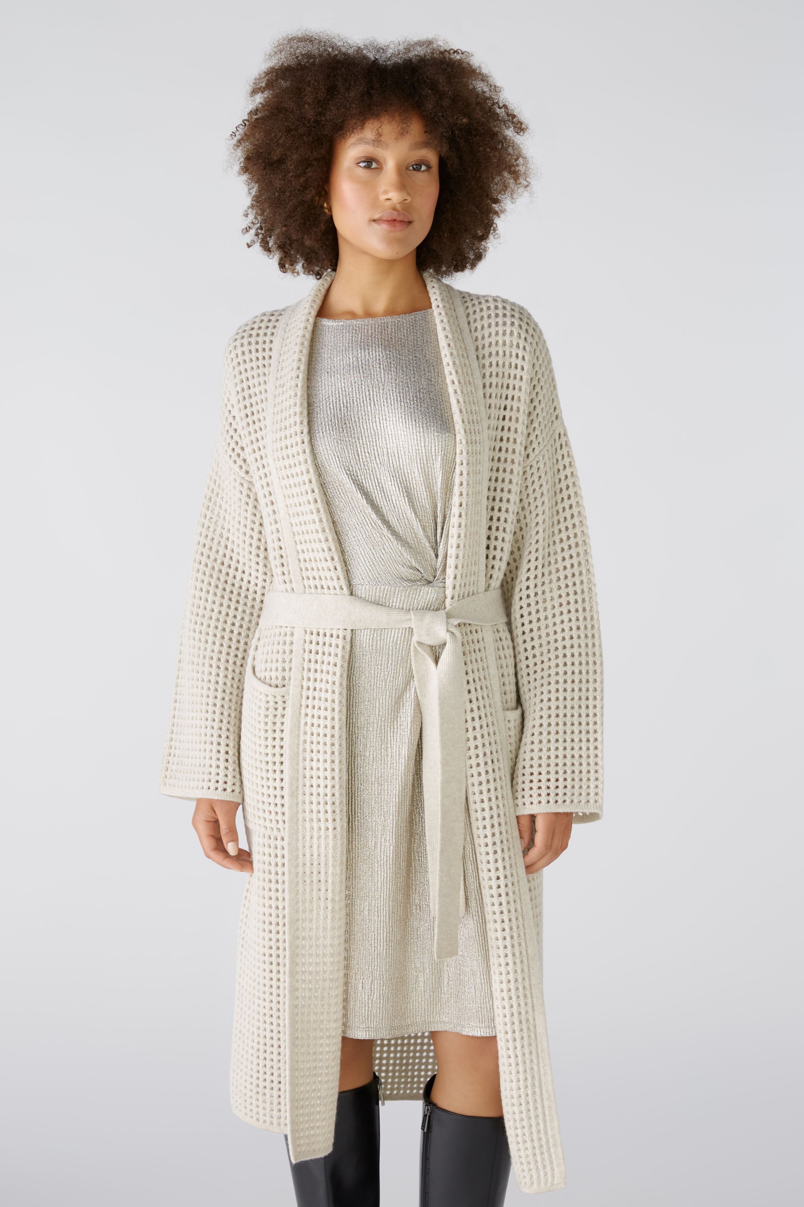 Mesh Look Knitted Coat in Off White