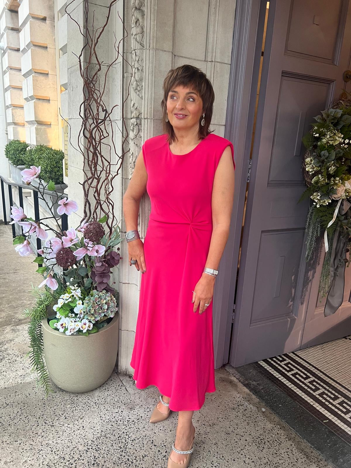Round Neck Dress With Knot At Waist in Poppy Red