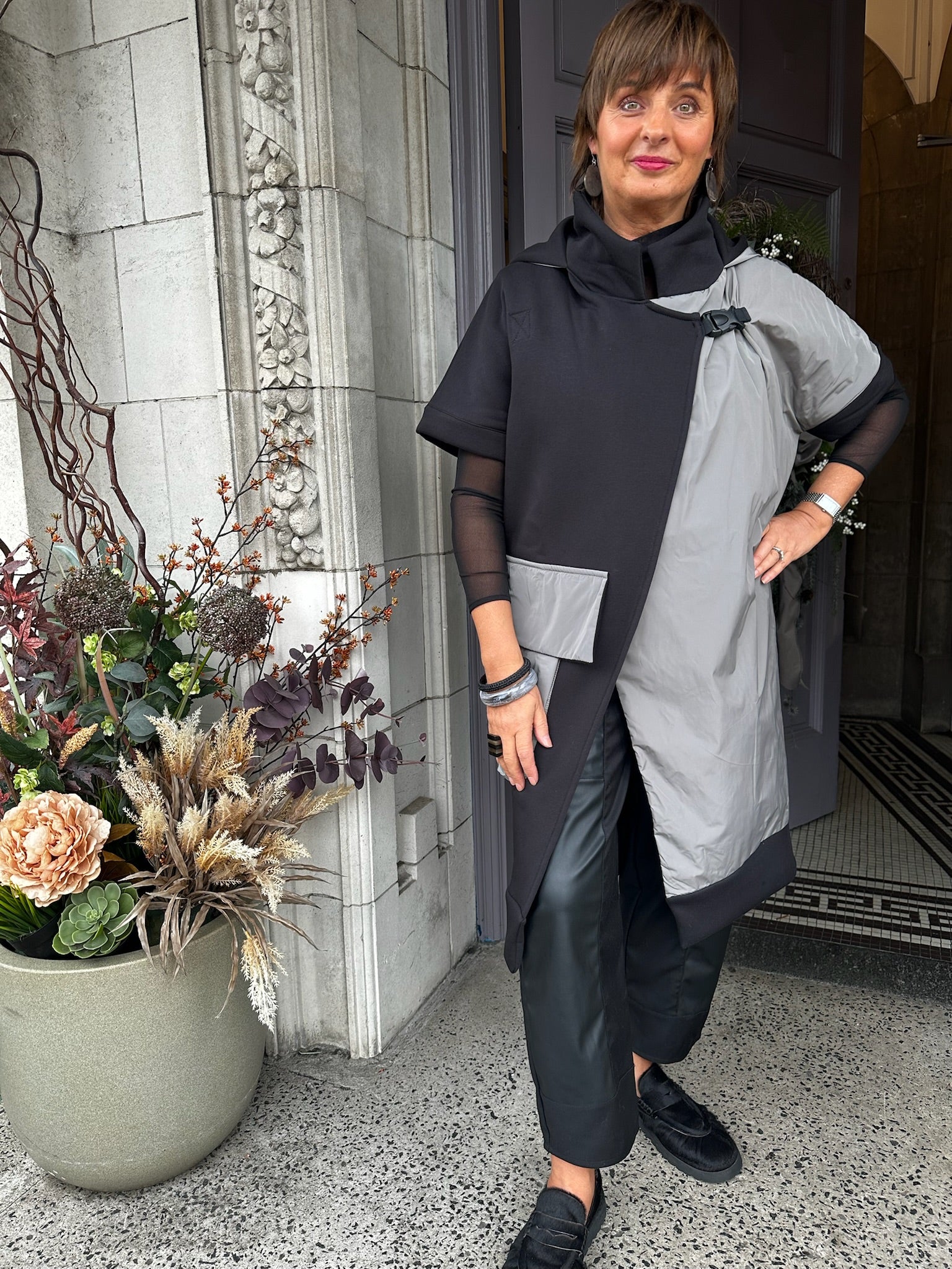 Contrast Panel Long Jacket in Black/Grey
