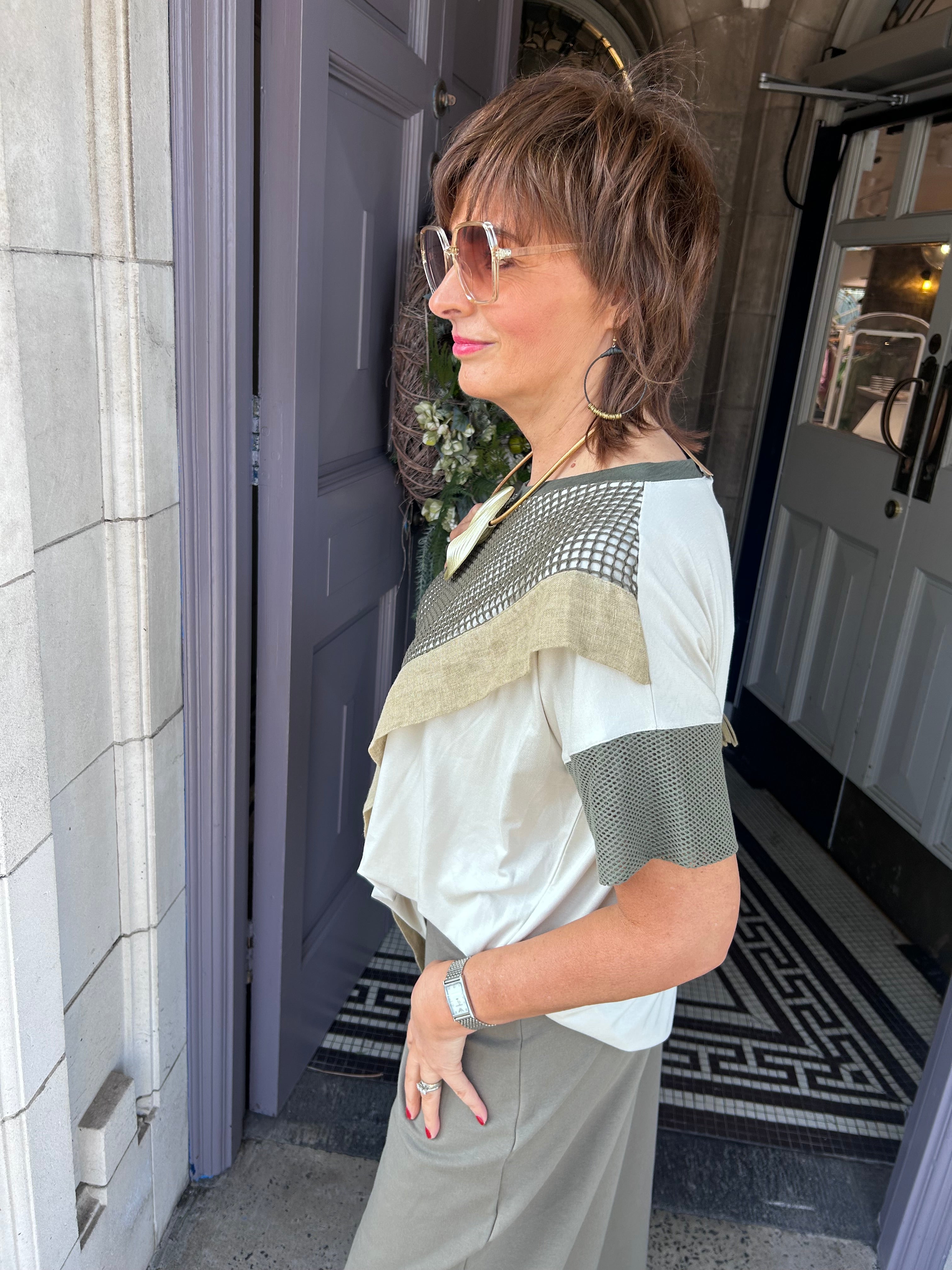 Lina Contrast Panel Top in Khaki Mix