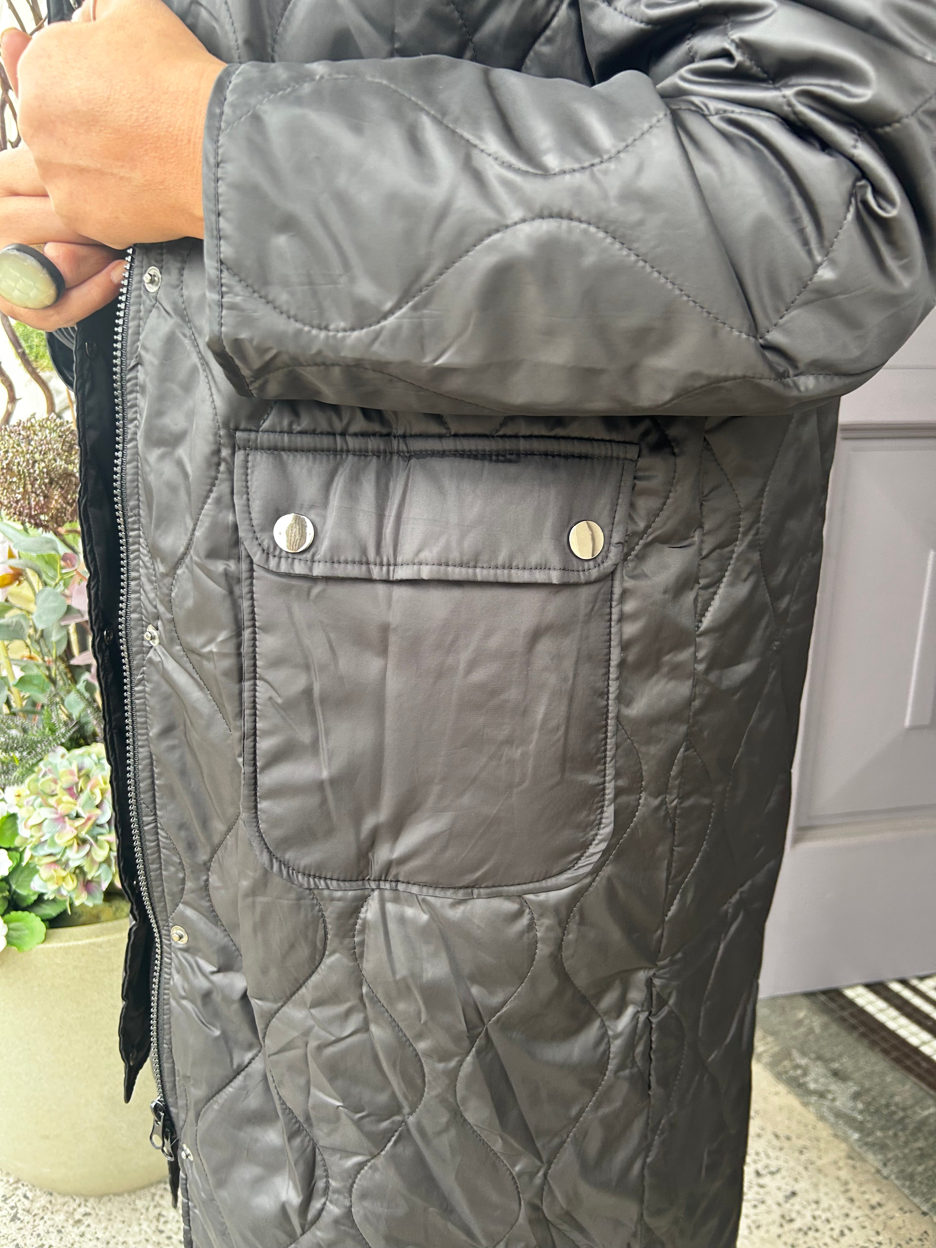 Padded Coat With Pocket And Stud Detail in Black