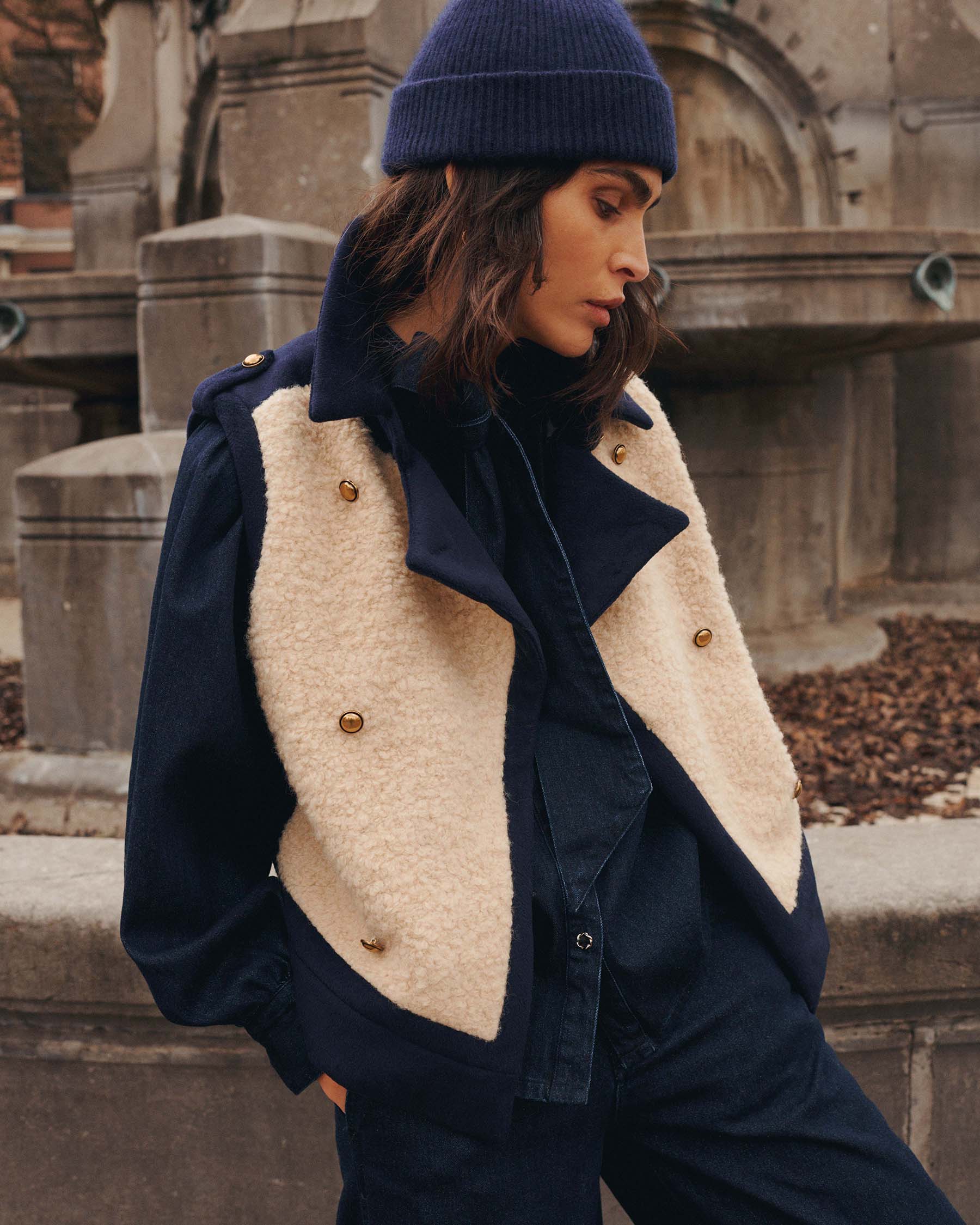 Wool Mix Boucle Gilet in Midnight Blue