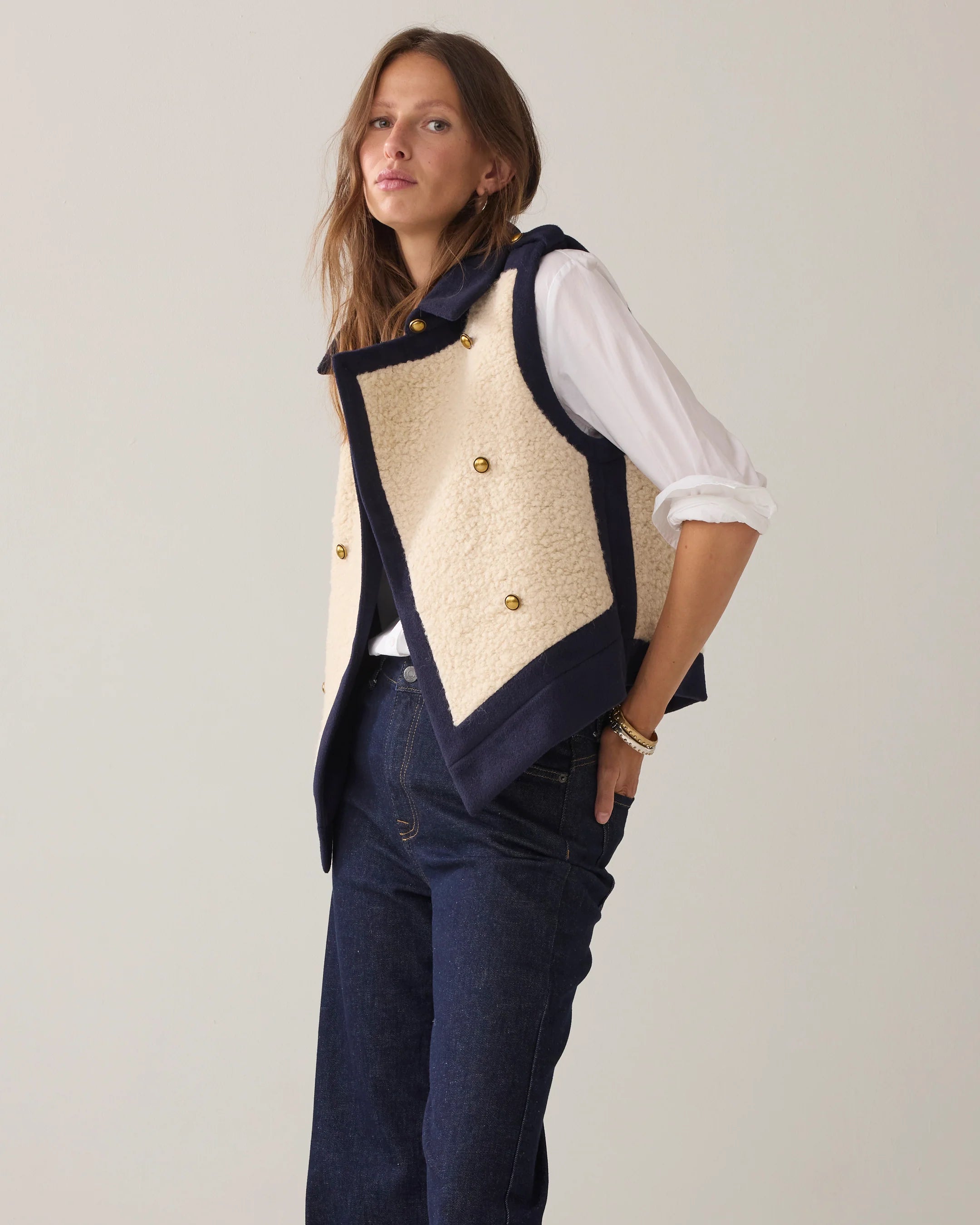 Wool Mix Boucle Gilet in Midnight Blue