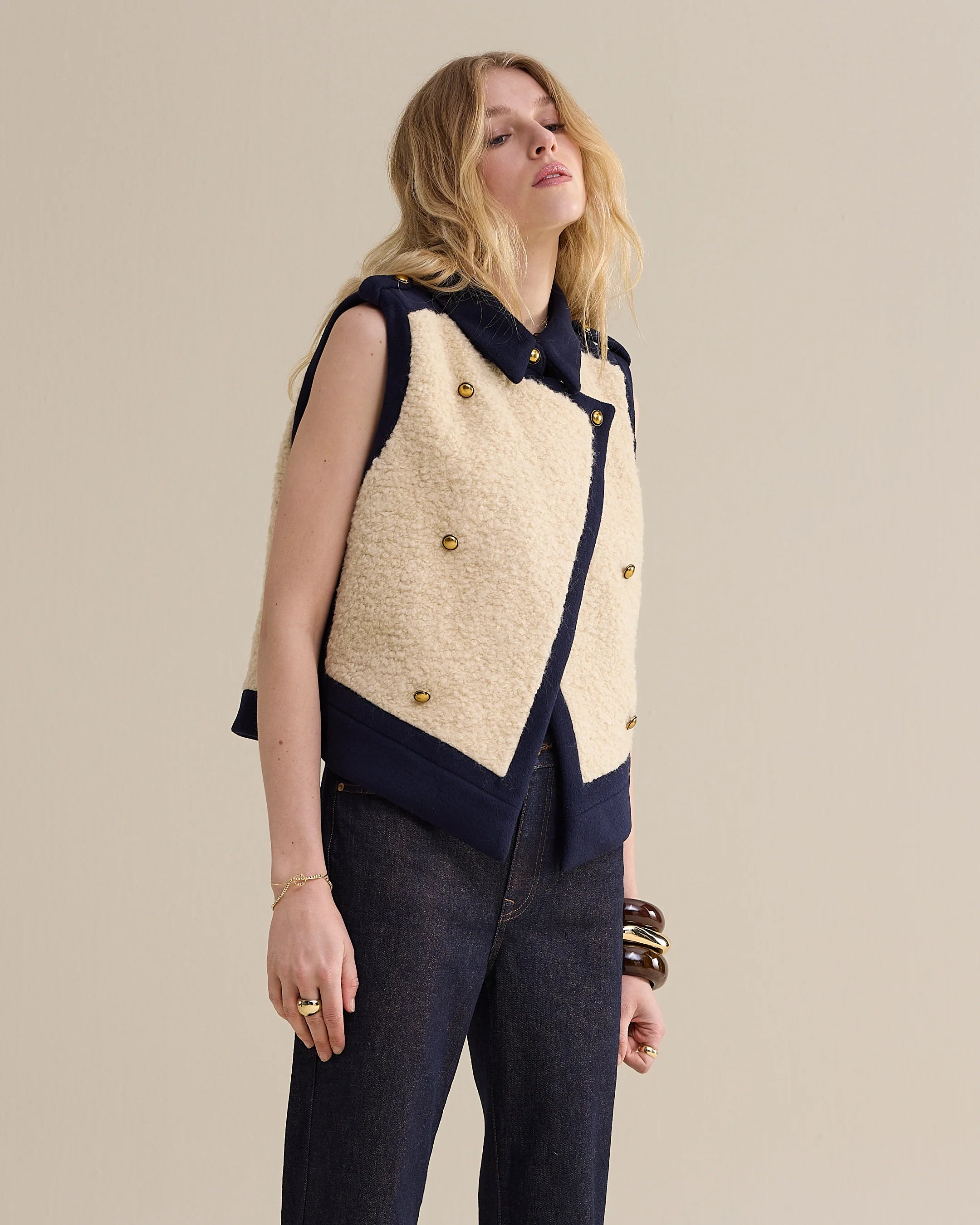 Wool Mix Boucle Gilet in Midnight Blue