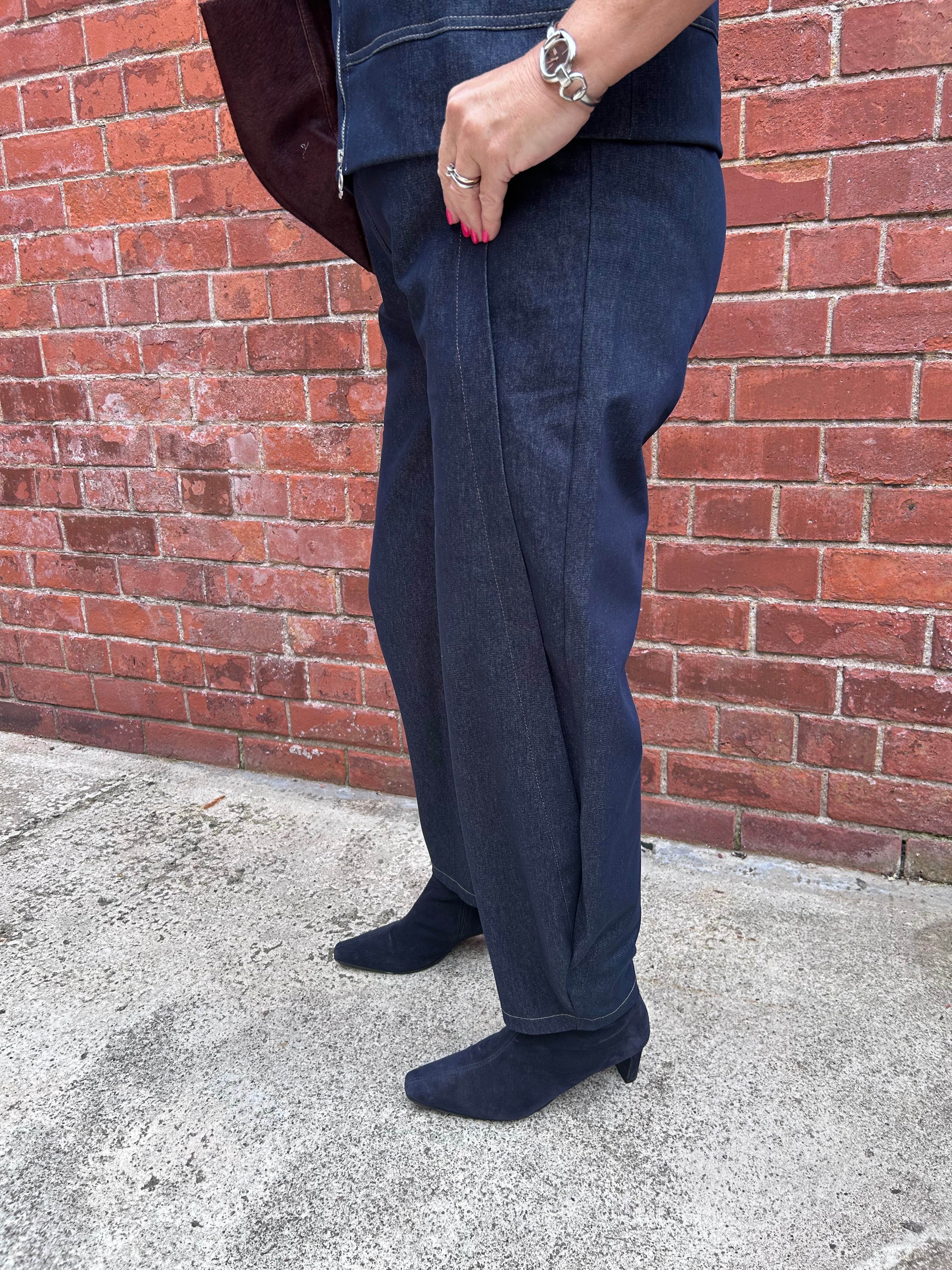 Stretch Denim-Style Barrel Leg Trousers in Blue