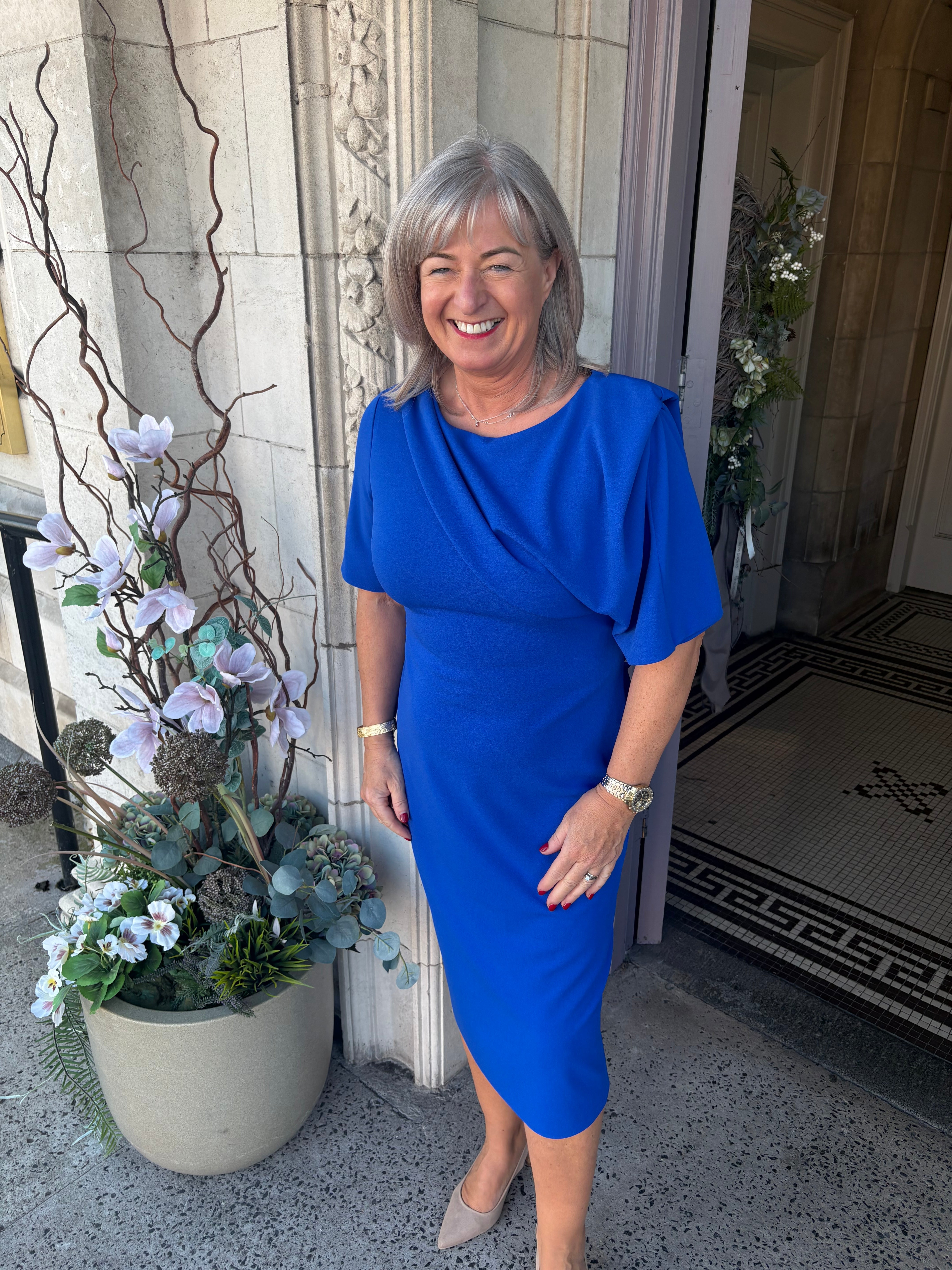 Shawl Neckline Dress With Short Sleeve in True Blue