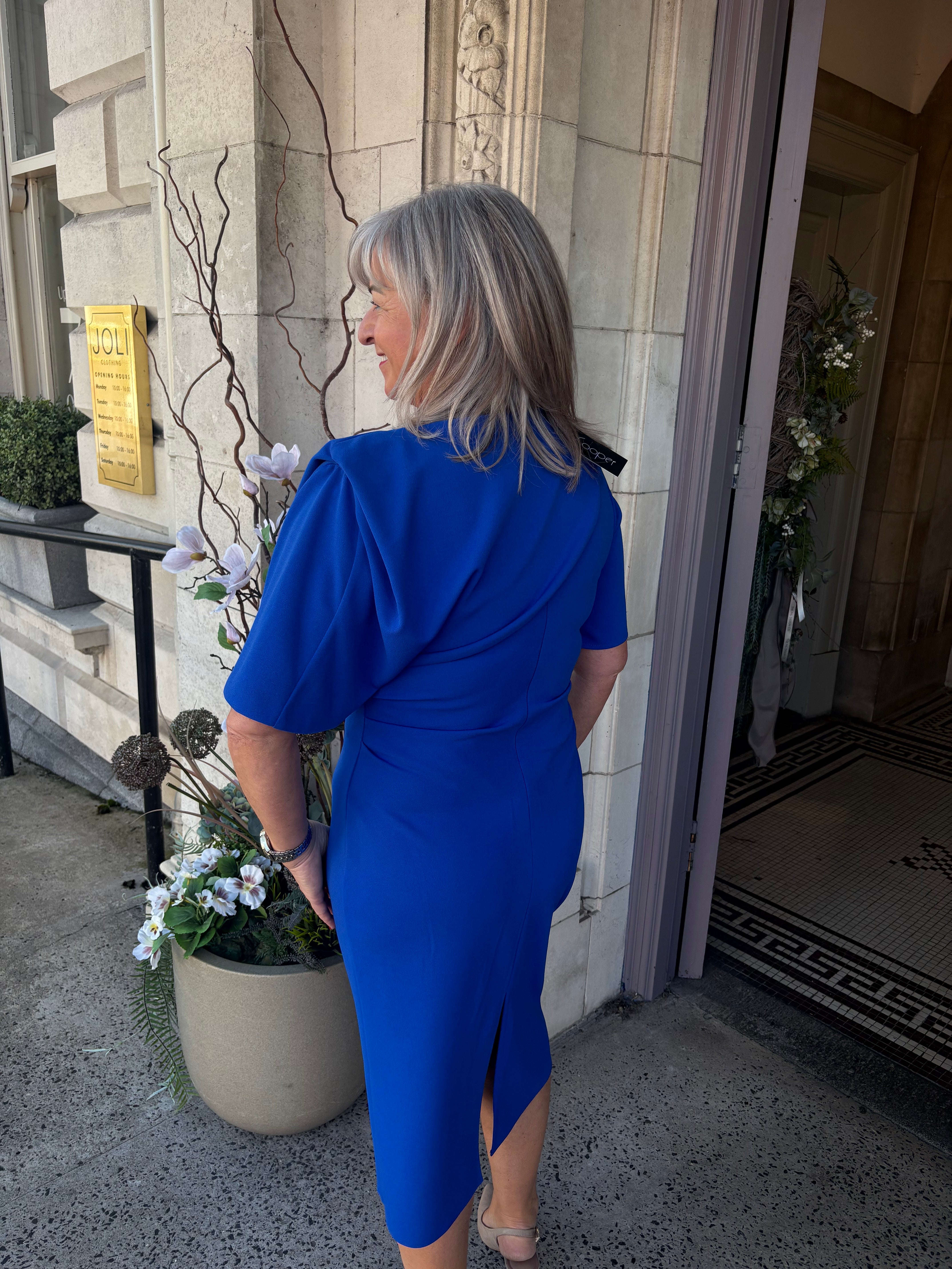 Shawl Neckline Dress With Short Sleeve in True Blue