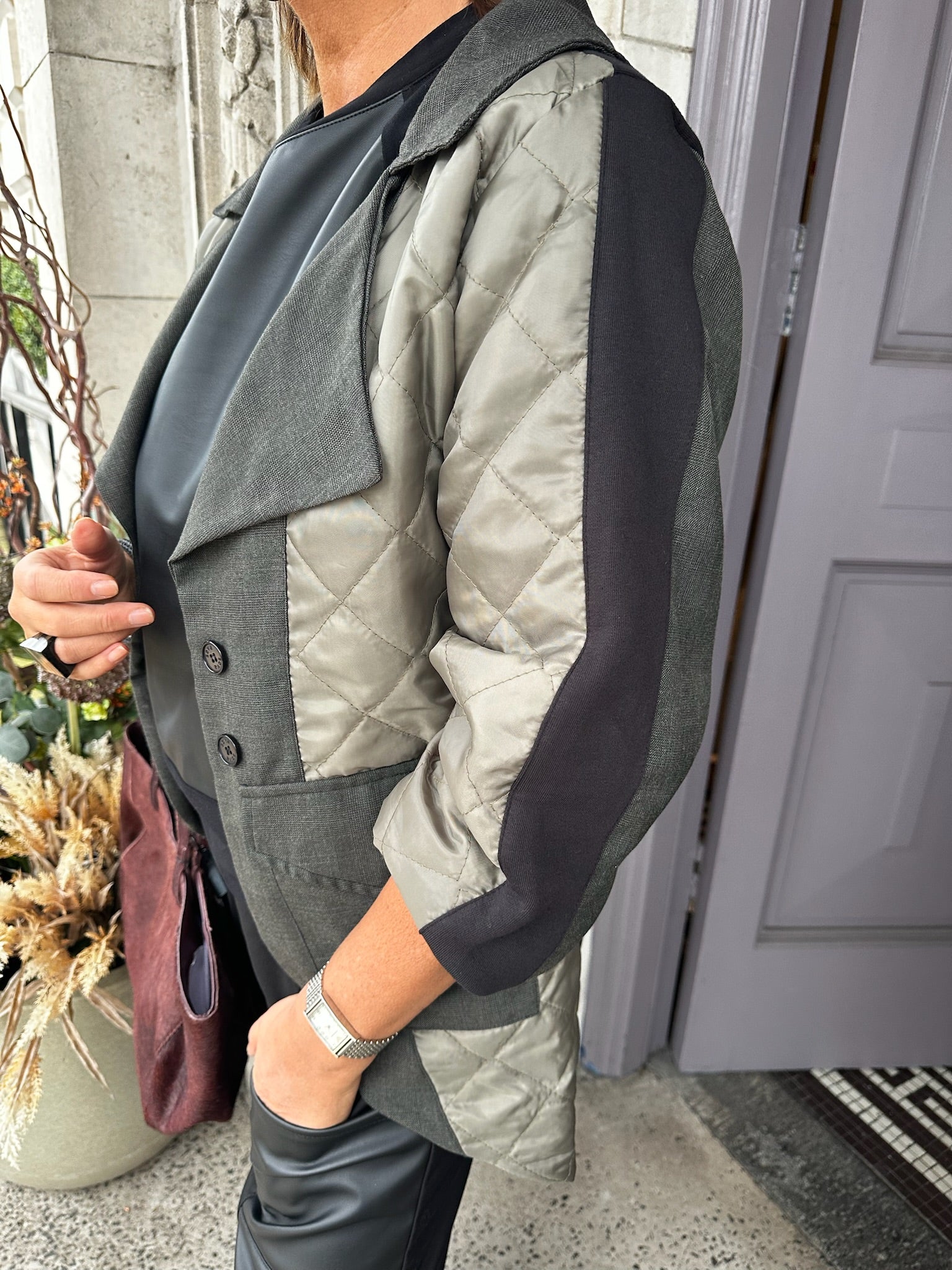 Contrast Quilted Jacket in Sage/Black