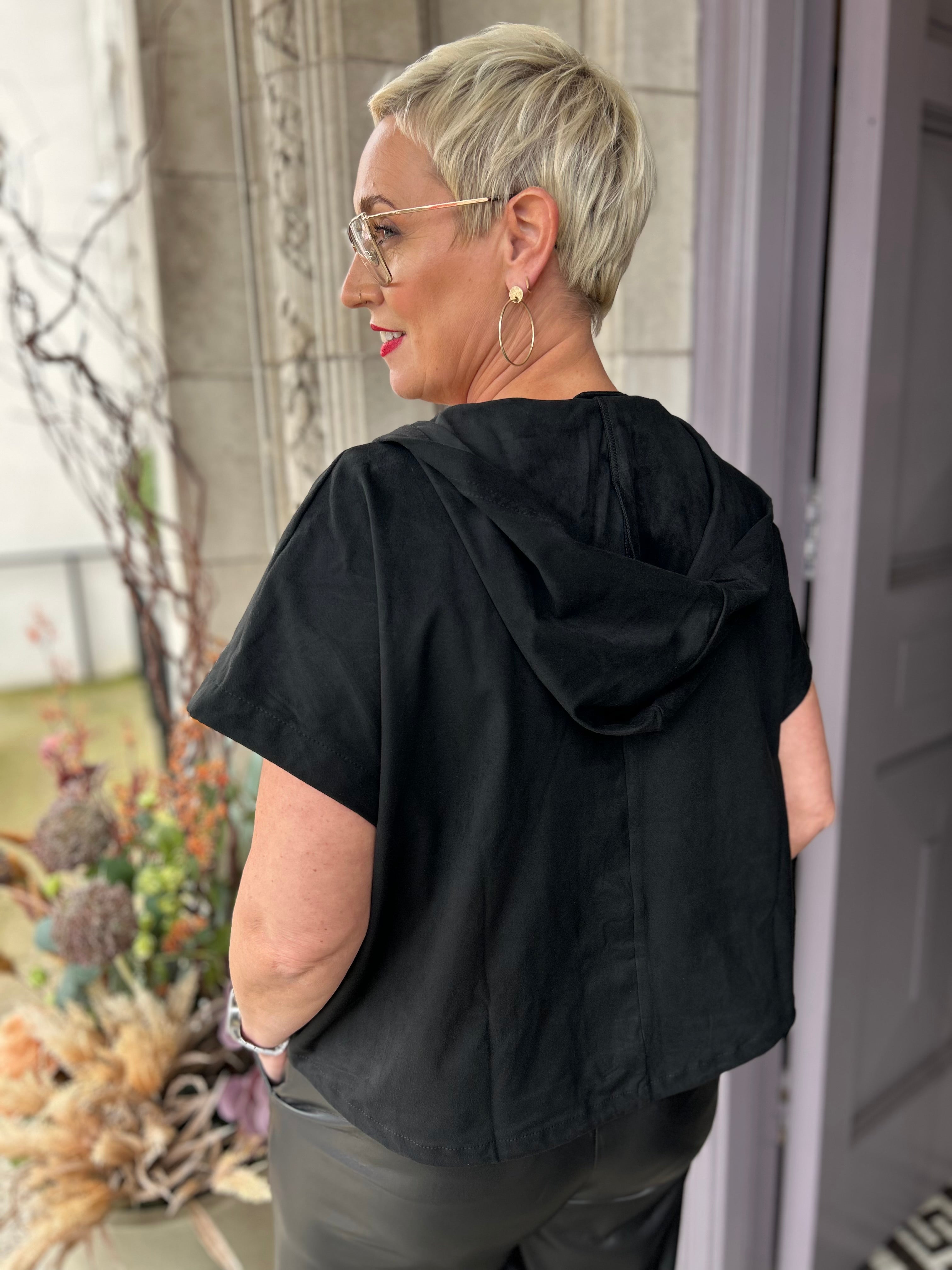Suedette Hooded Waistcoat in Black