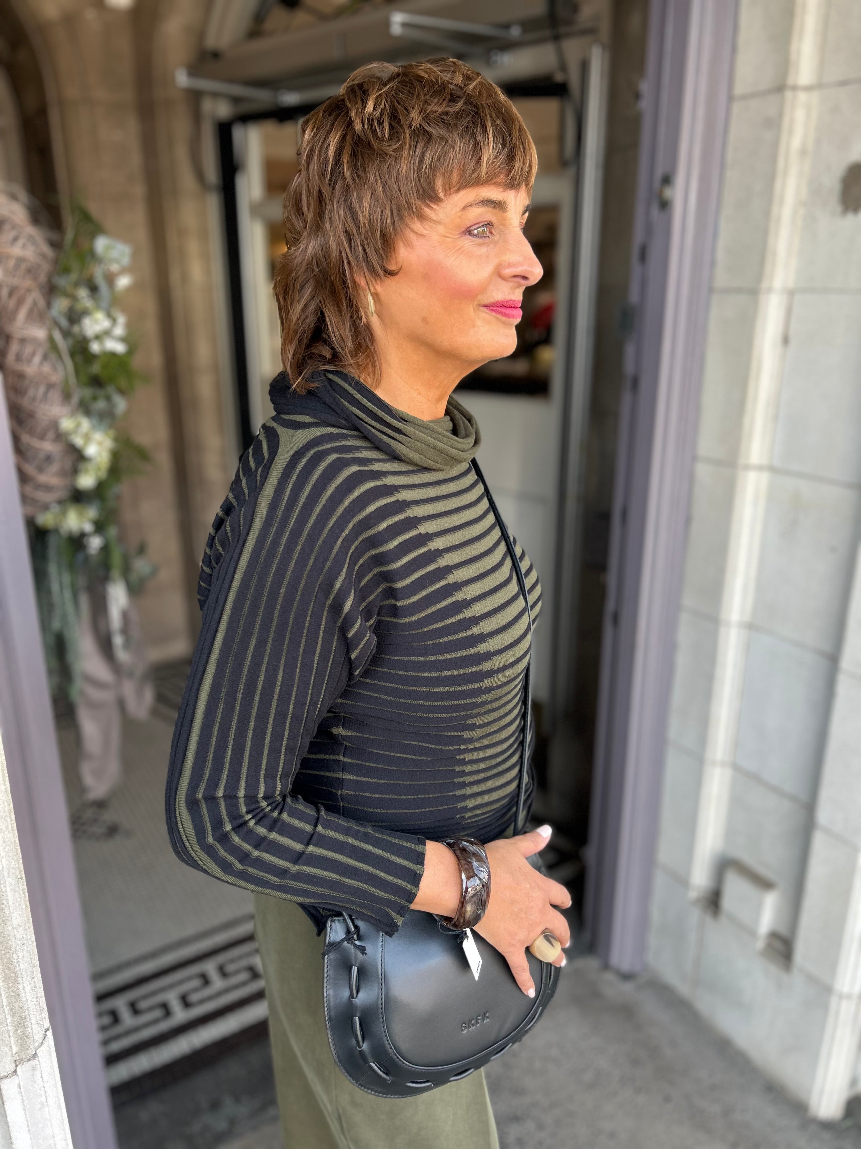 Striped Cowl Neck Knit in Black/Olive