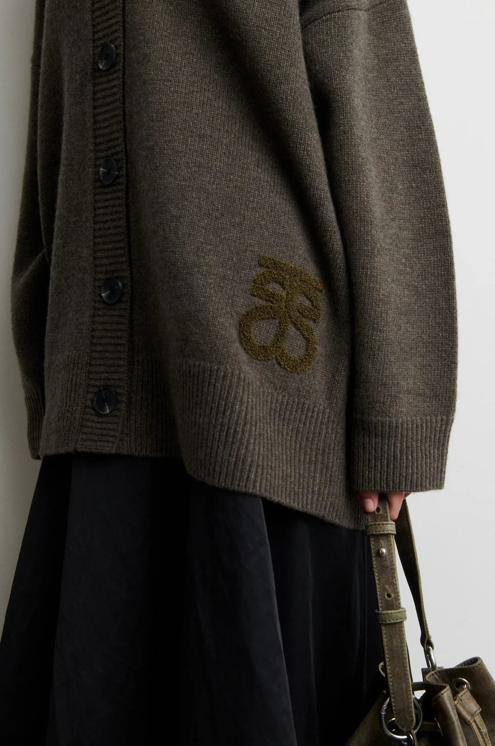 Alpha Knit Monogram Cardigan in Black Olive