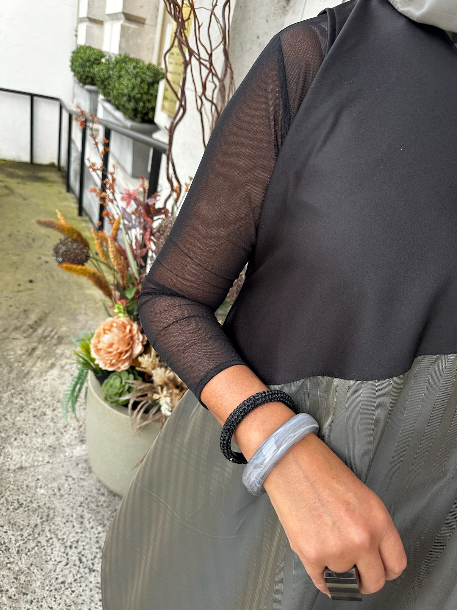 Asymmetric Colour Block Dress in Sage/Black