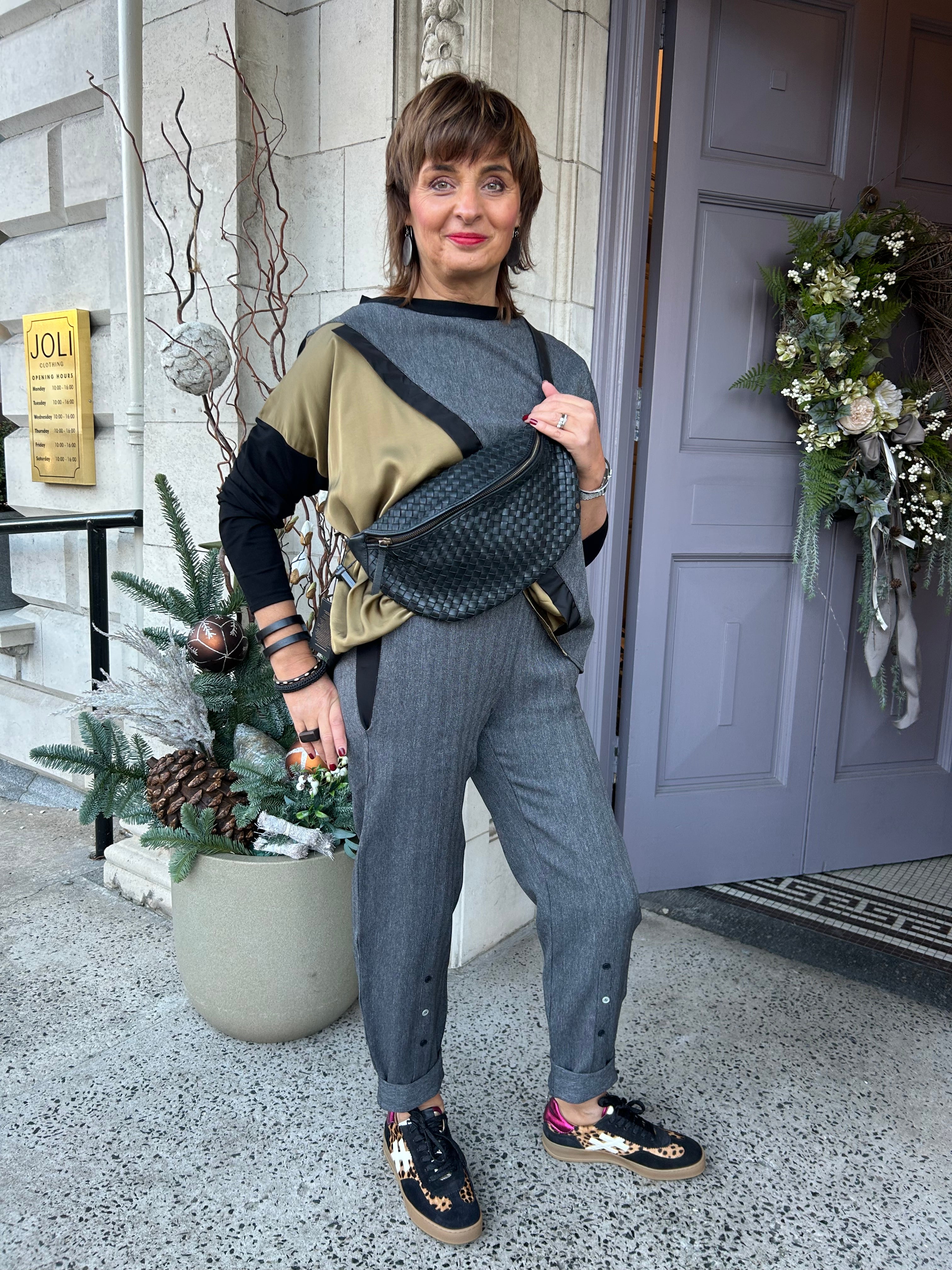 Fine Herringbone Button Detail Trouser in Grey