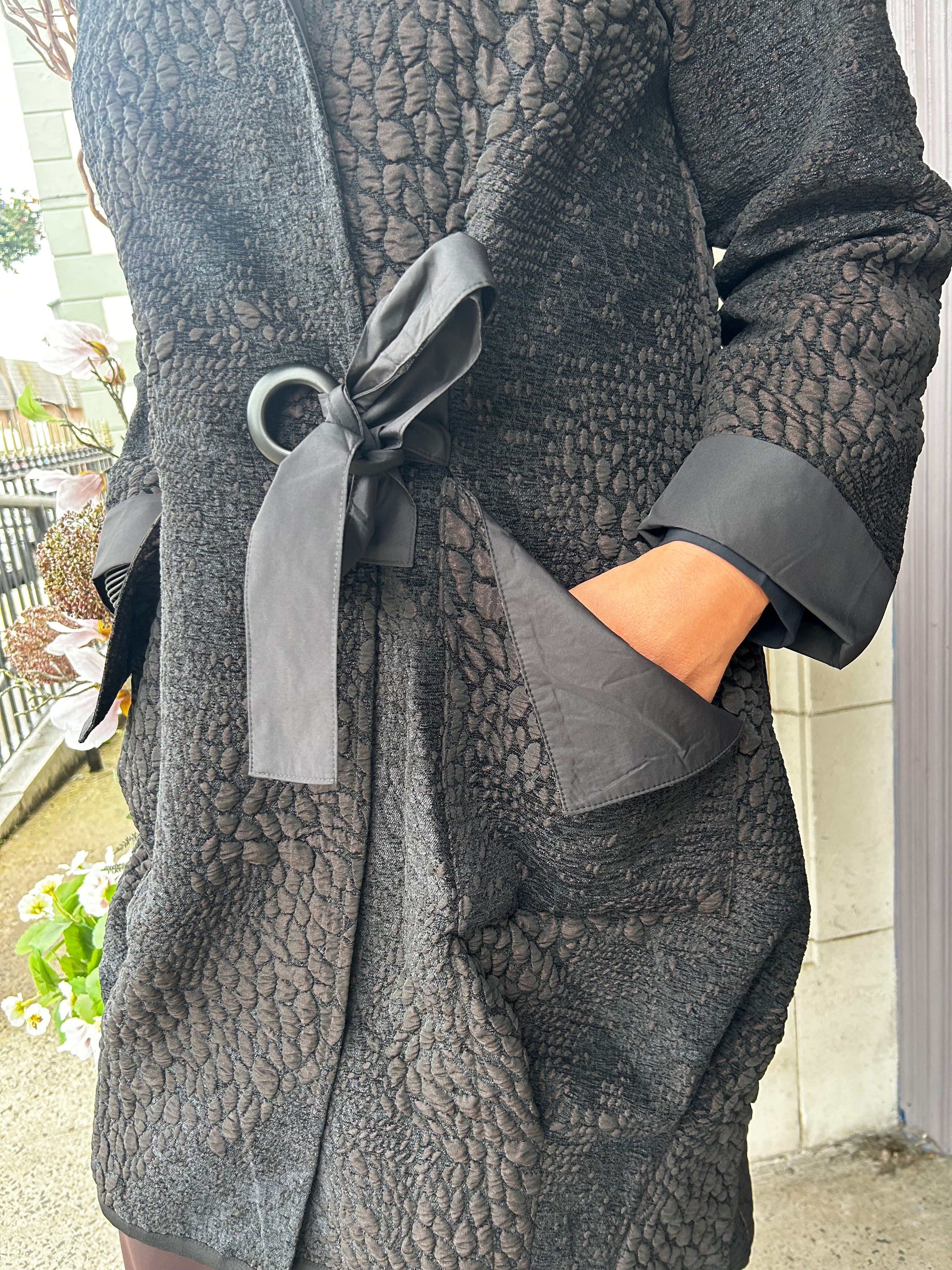 Jaquard Section Coat With Ring Tie Detail in Black/Choko