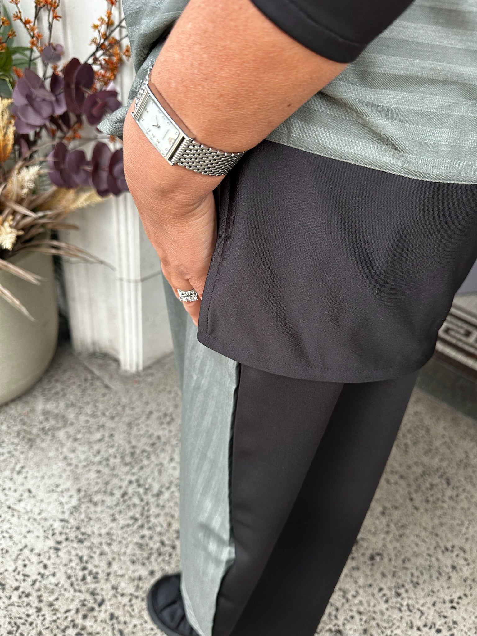 Wide Leg Contrast Panel Trousers in Sage/Black