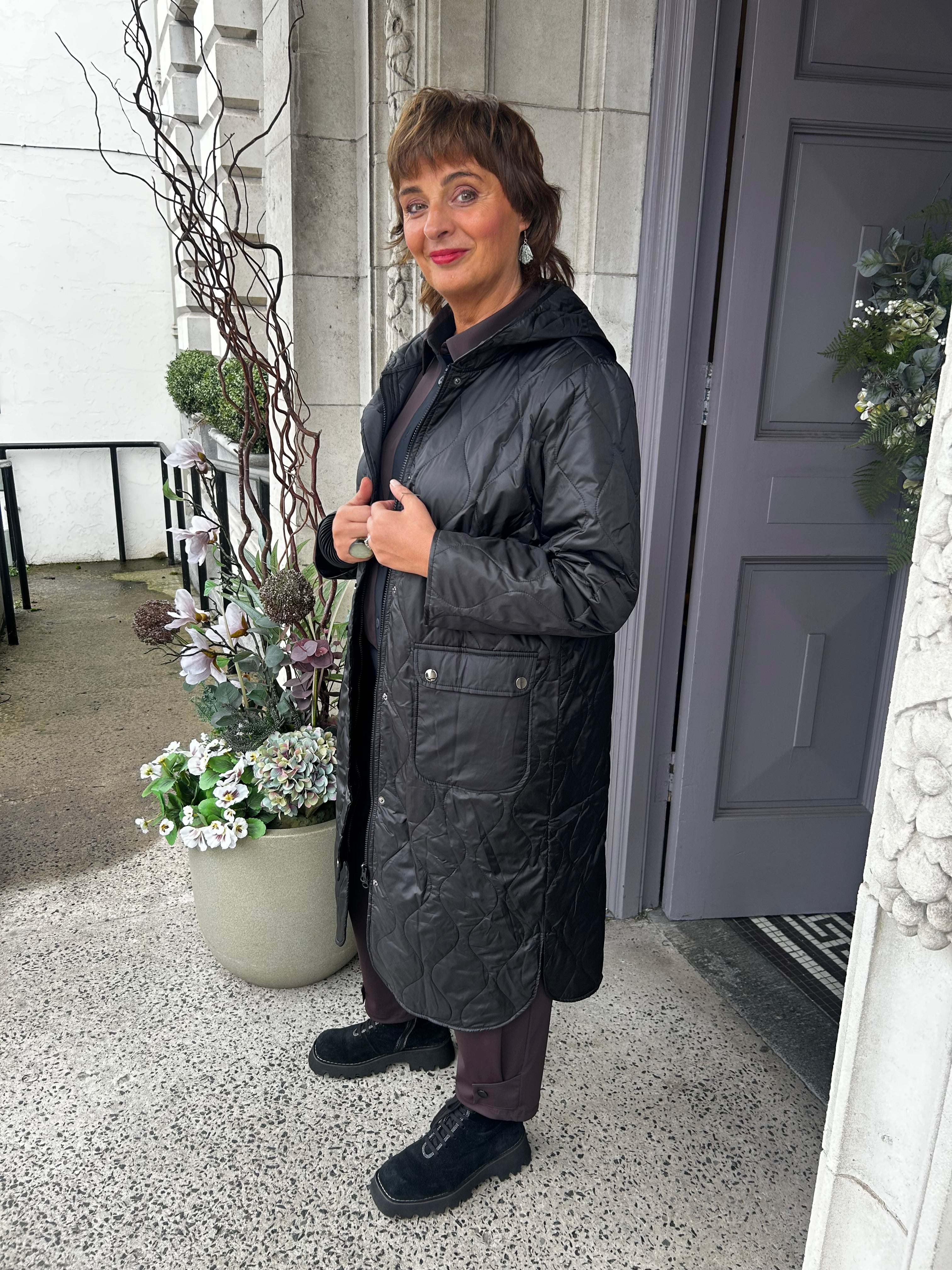 Padded Coat With Pocket And Stud Detail in Black