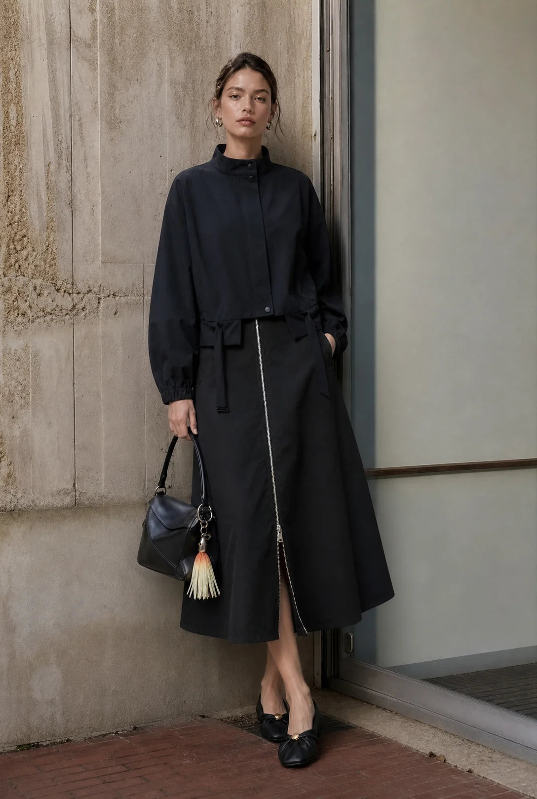 Bardolino Taffeta Zipper Skirt in Nero