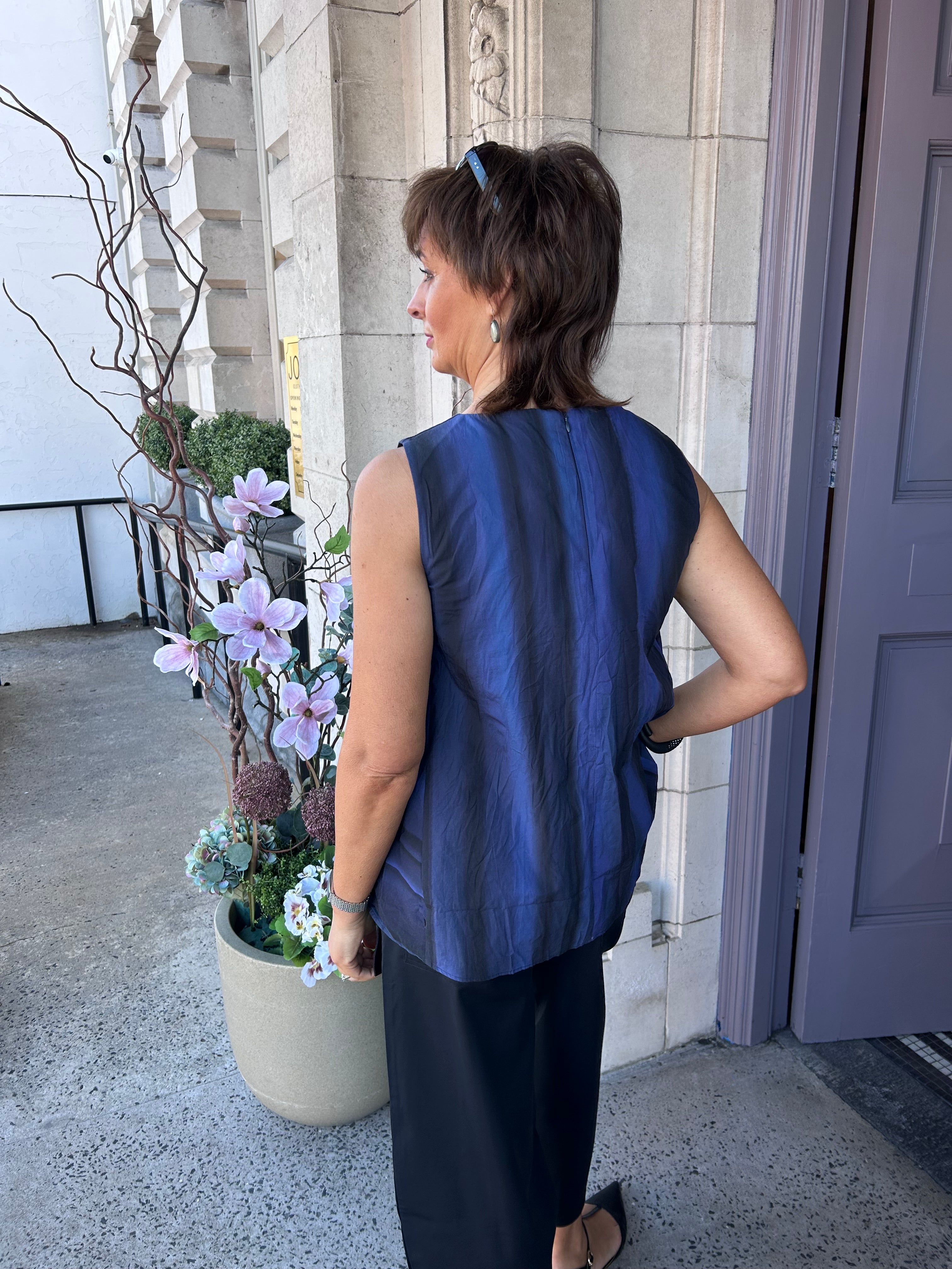 Pleated Panel Sleeveless Top in Blue Pleats