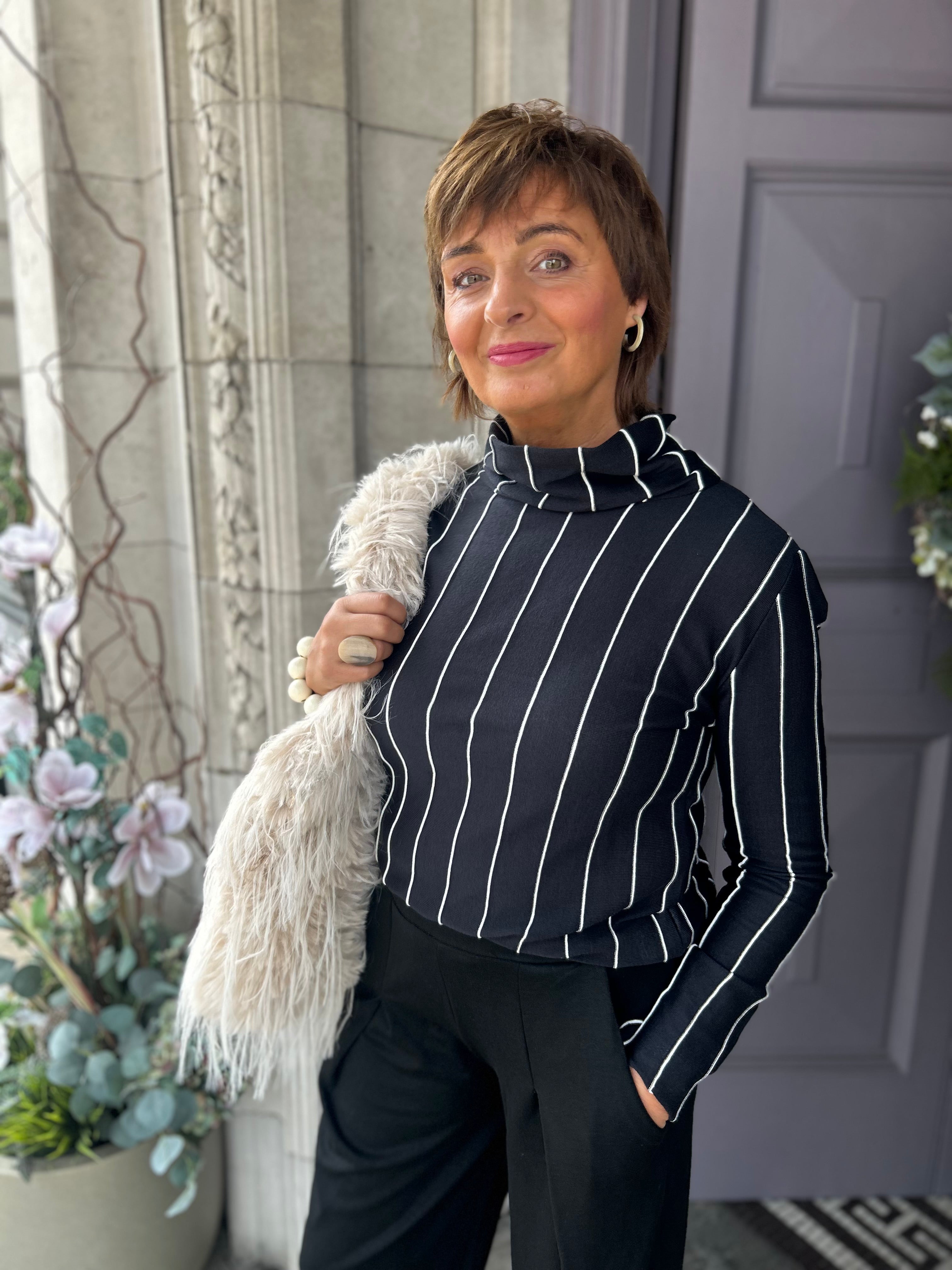 Vertical Stripe Roll Neck Top in Black/White