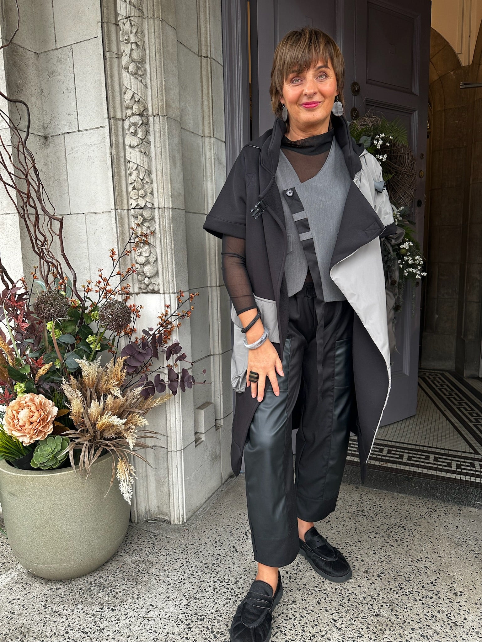 Contrast Panel Long Jacket in Black/Grey