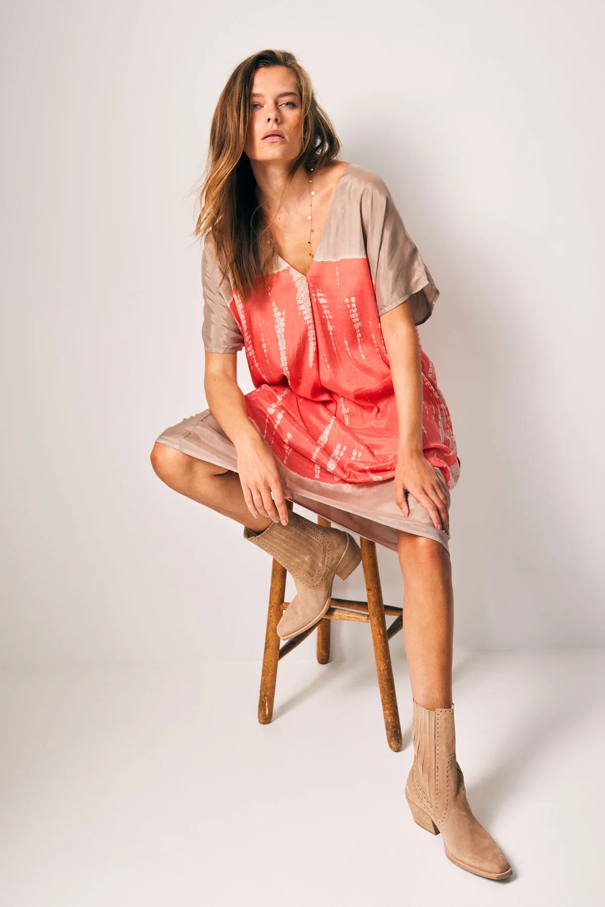 Snake Tie Dye Shirt Dress in Desert and Coral