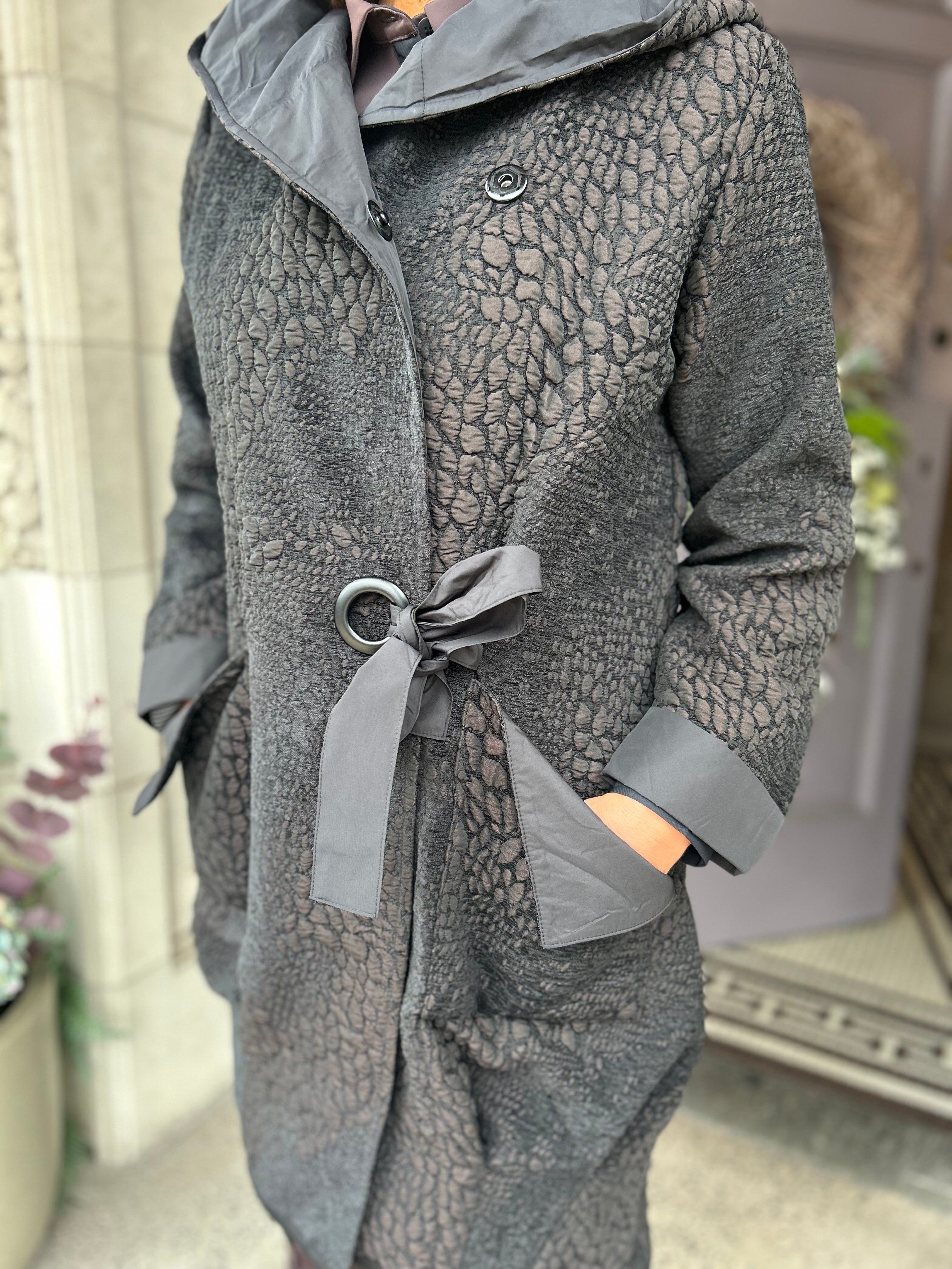 Jaquard Section Coat With Ring Tie Detail in Black/Choko