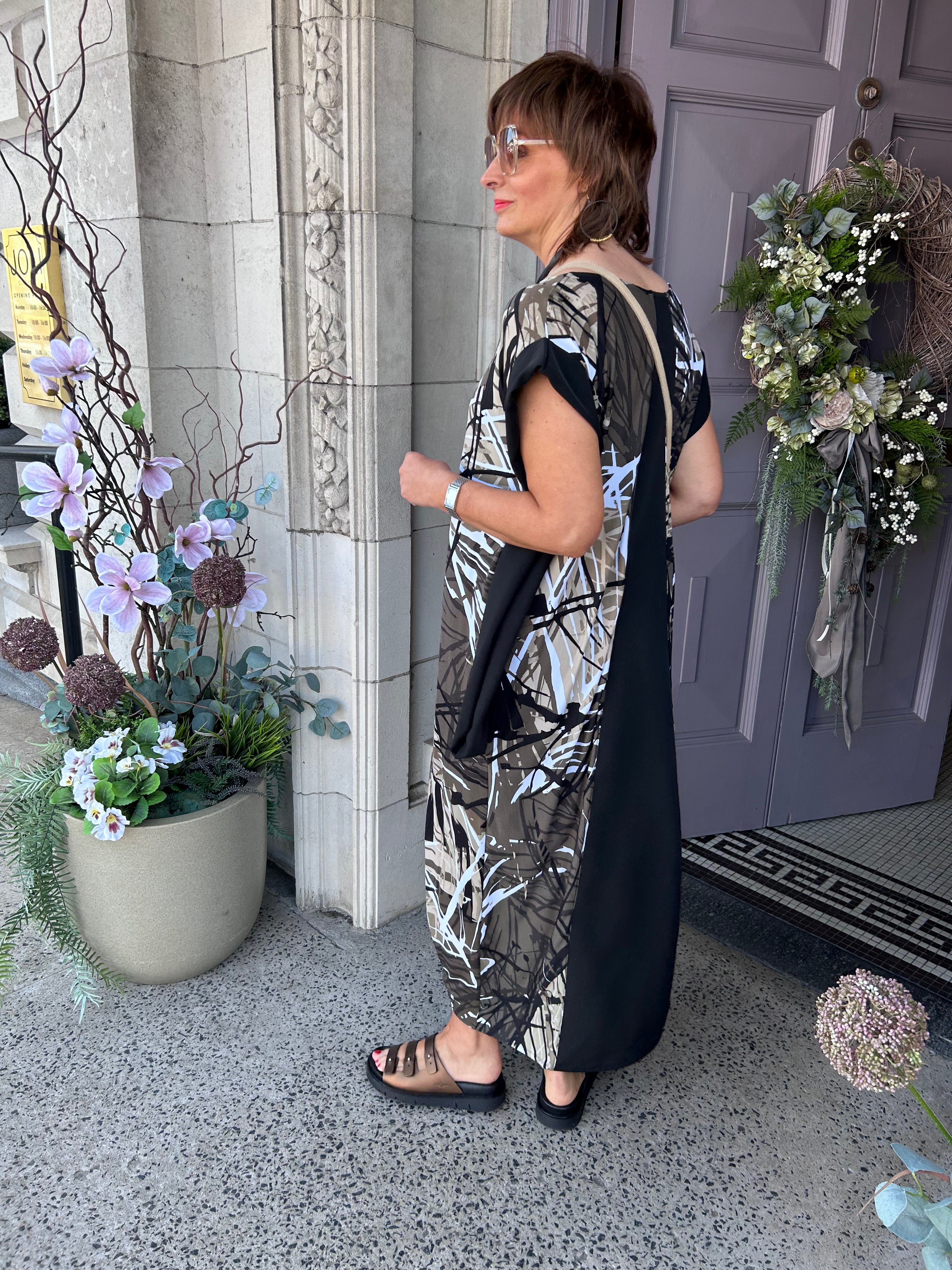 Abstract Print Cocoon Dress in Olive/ Black