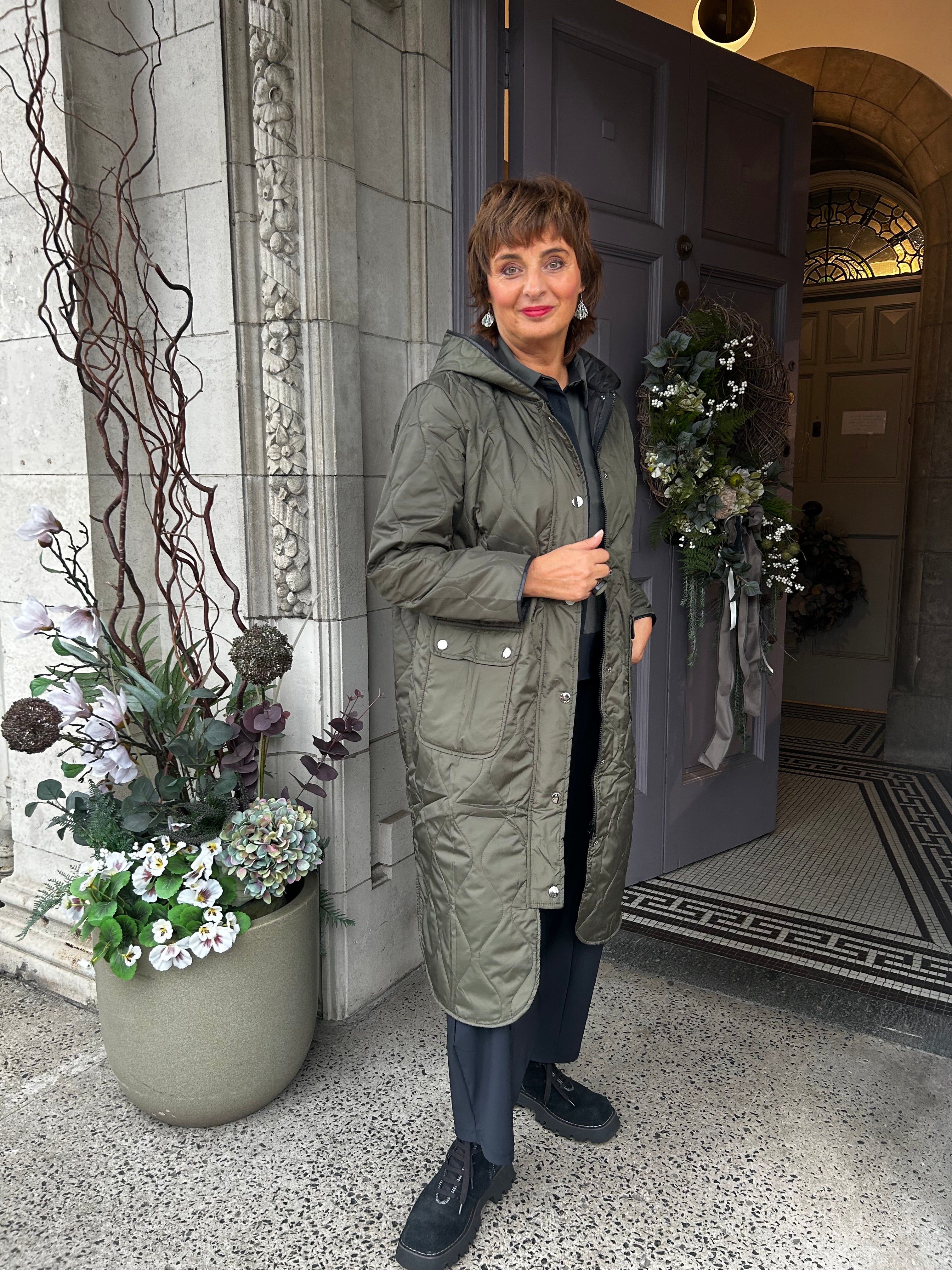 Padded Coat With Pocket And Stud Detail in Thyme