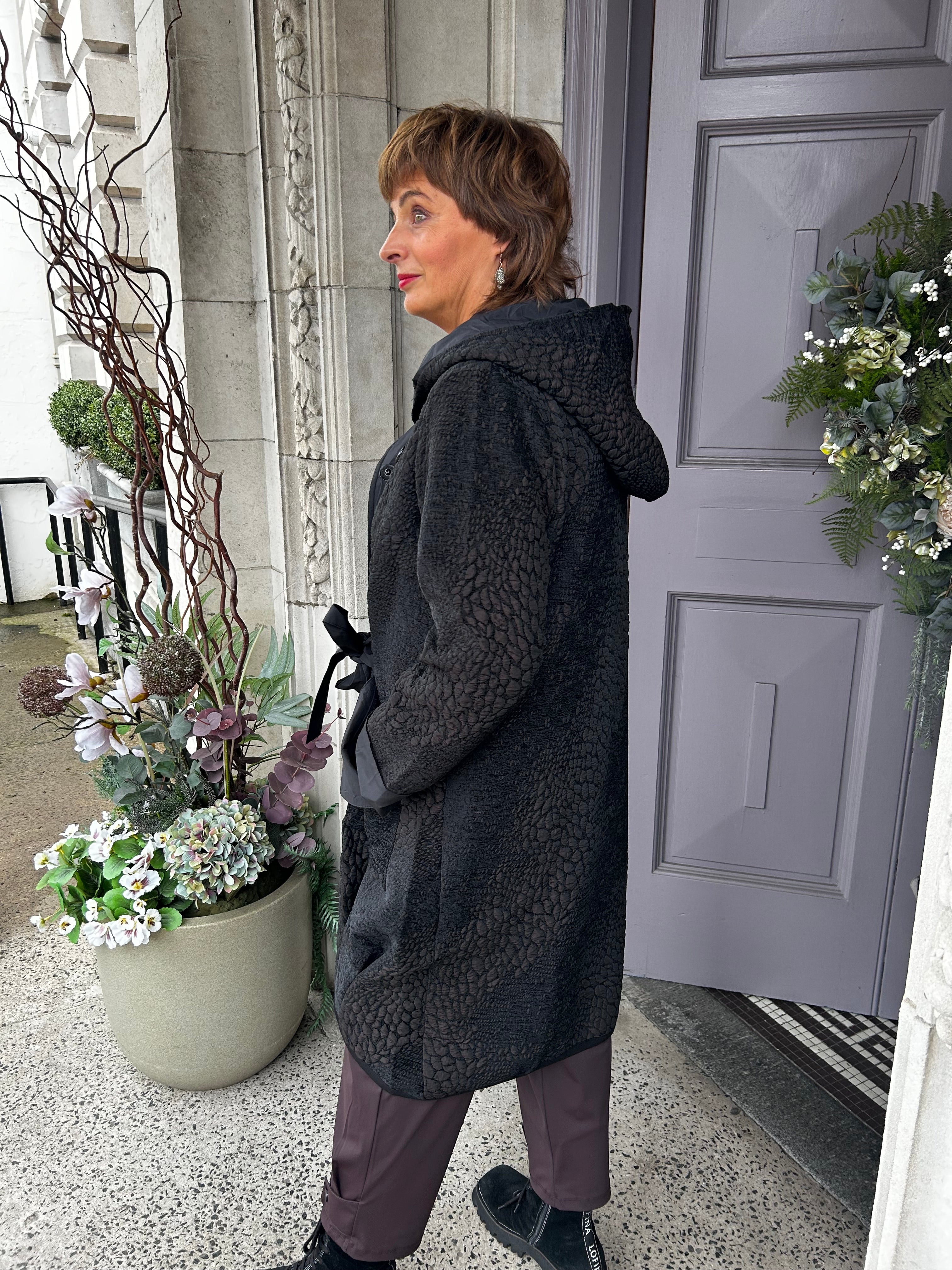 Jaquard Section Coat With Ring Tie Detail in Black/Choko