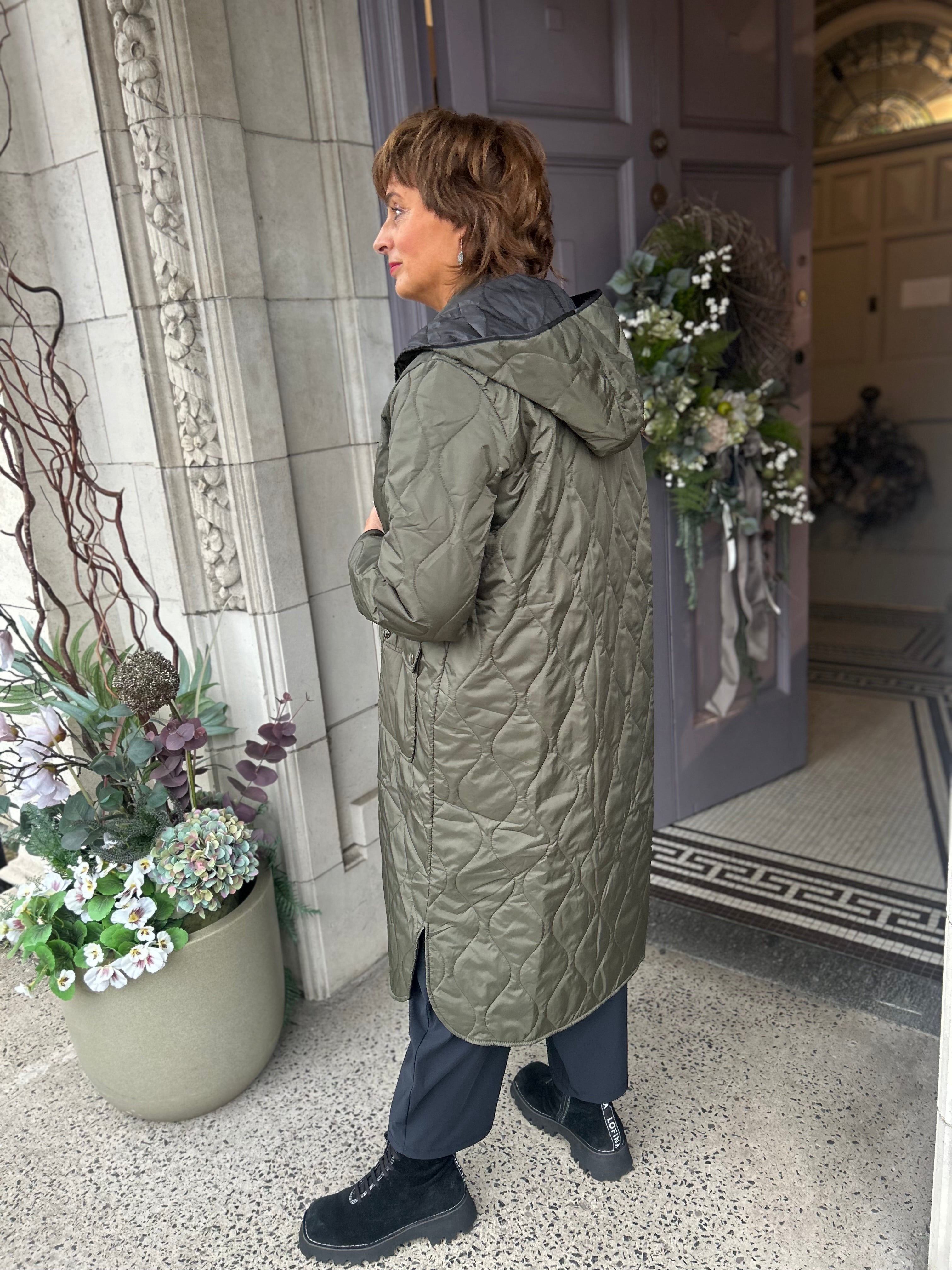 Padded Coat With Pocket And Stud Detail in Thyme