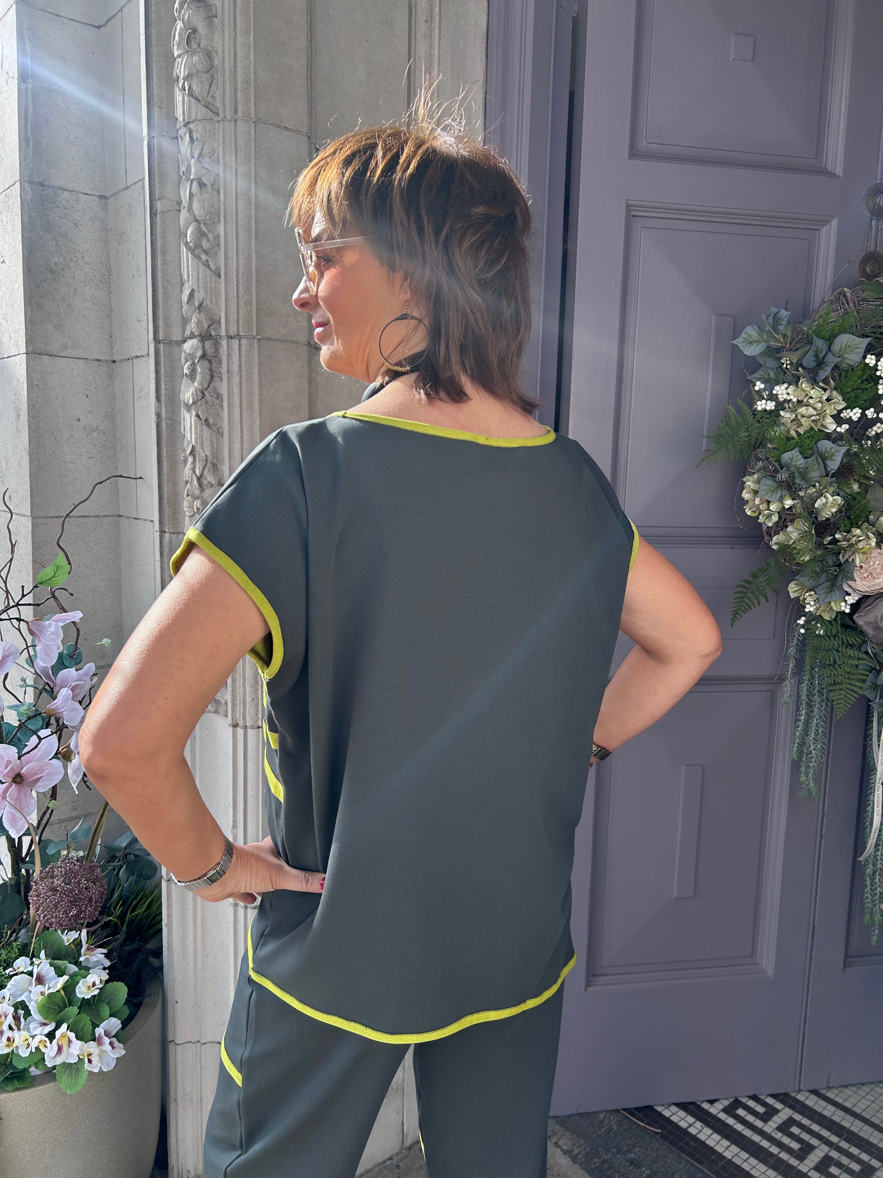 Contrast Trim Top in Khaki/Lime