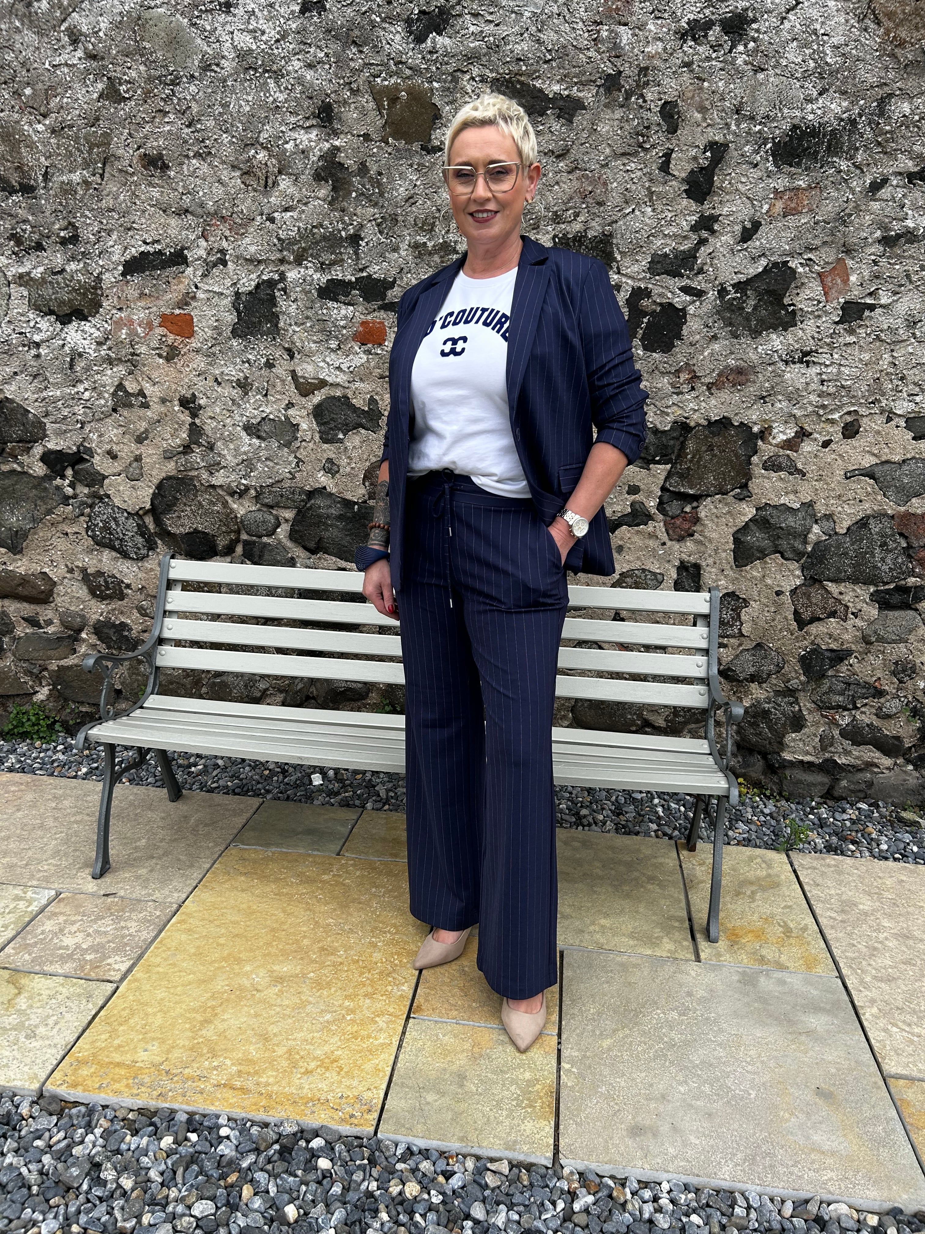 Pinstripe Trousers in Ink Blue