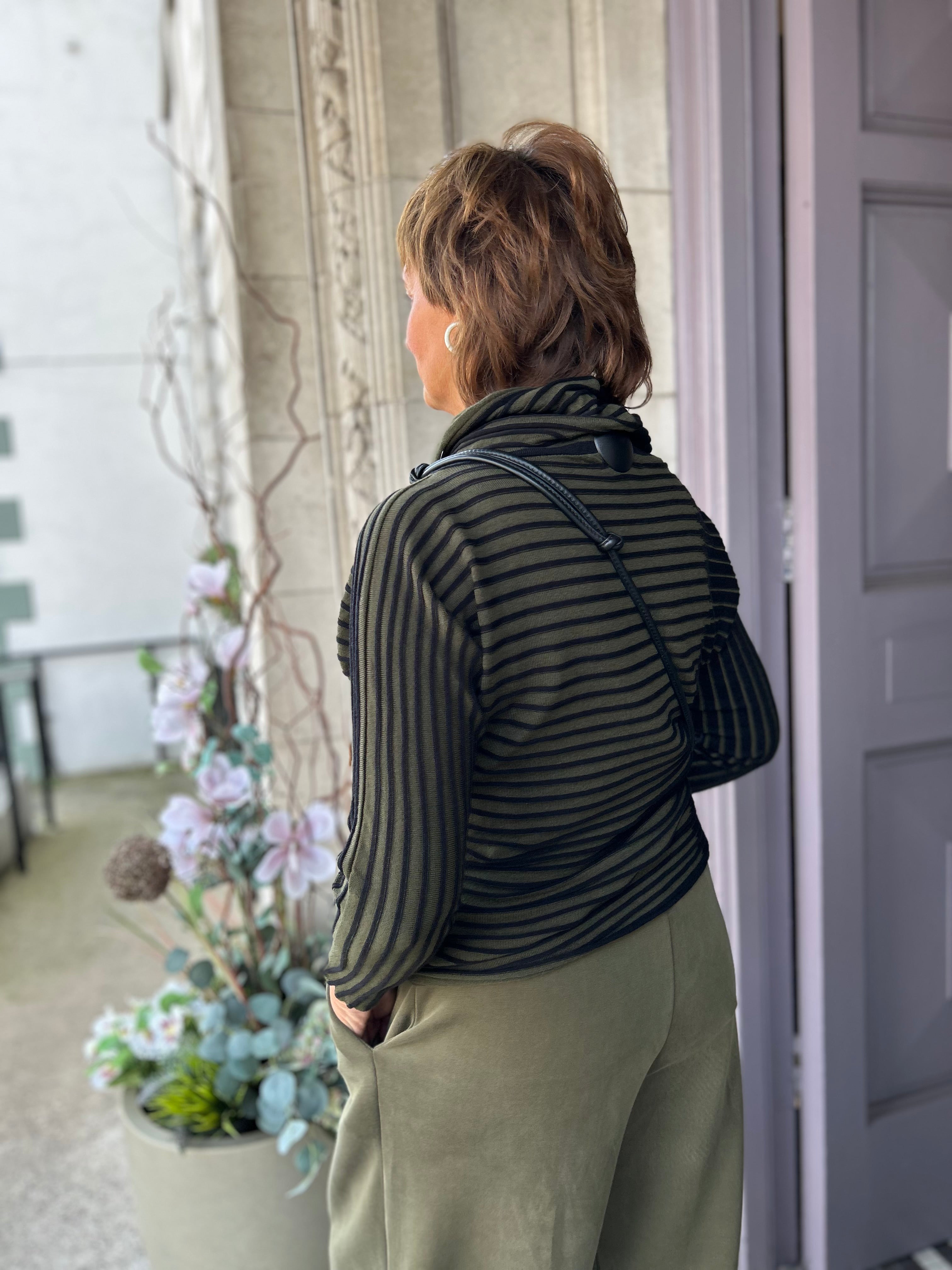Striped Cowl Neck Knit in Black/Olive