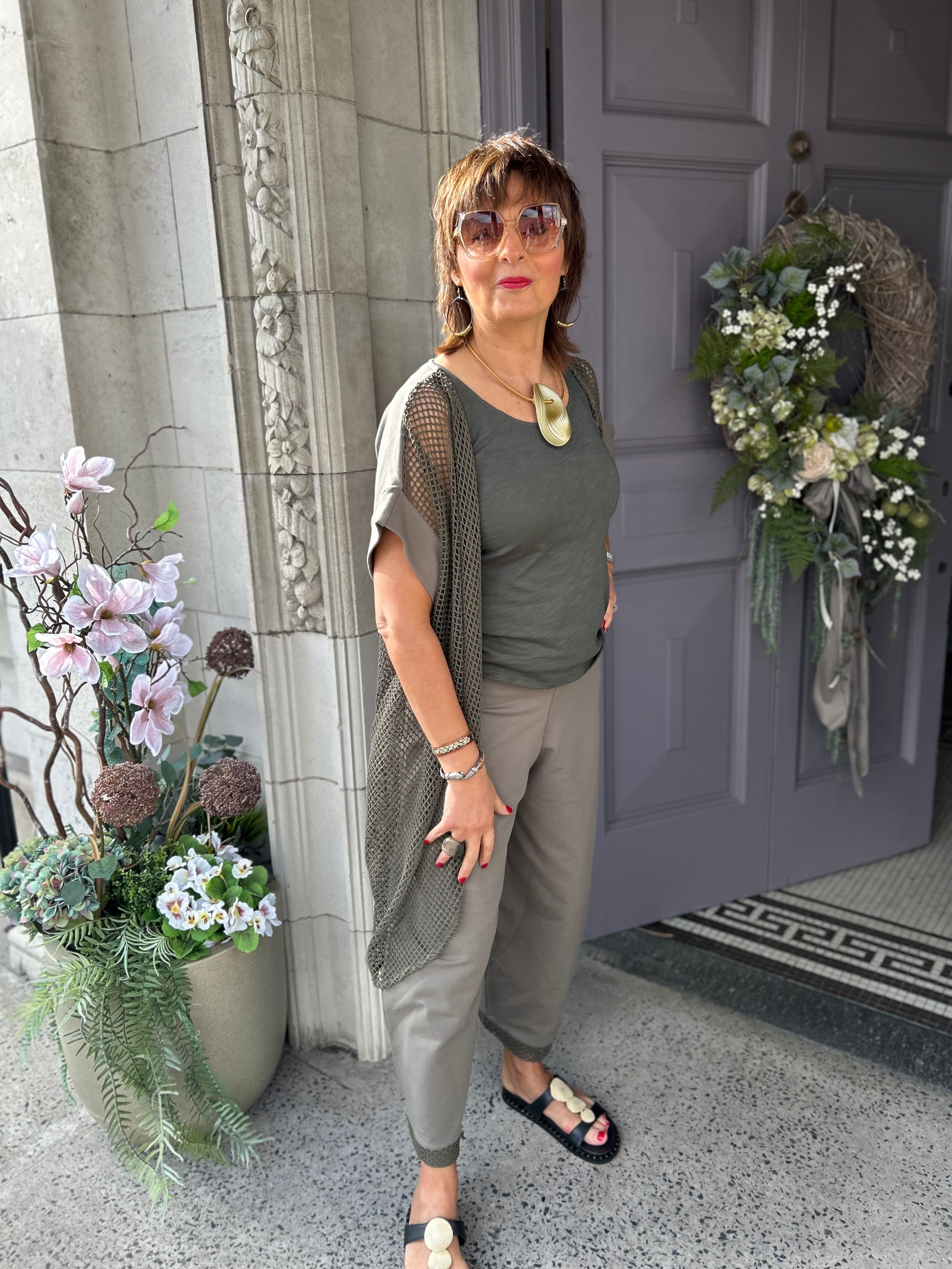 Mesh Hem Trousers in Khaki Mix