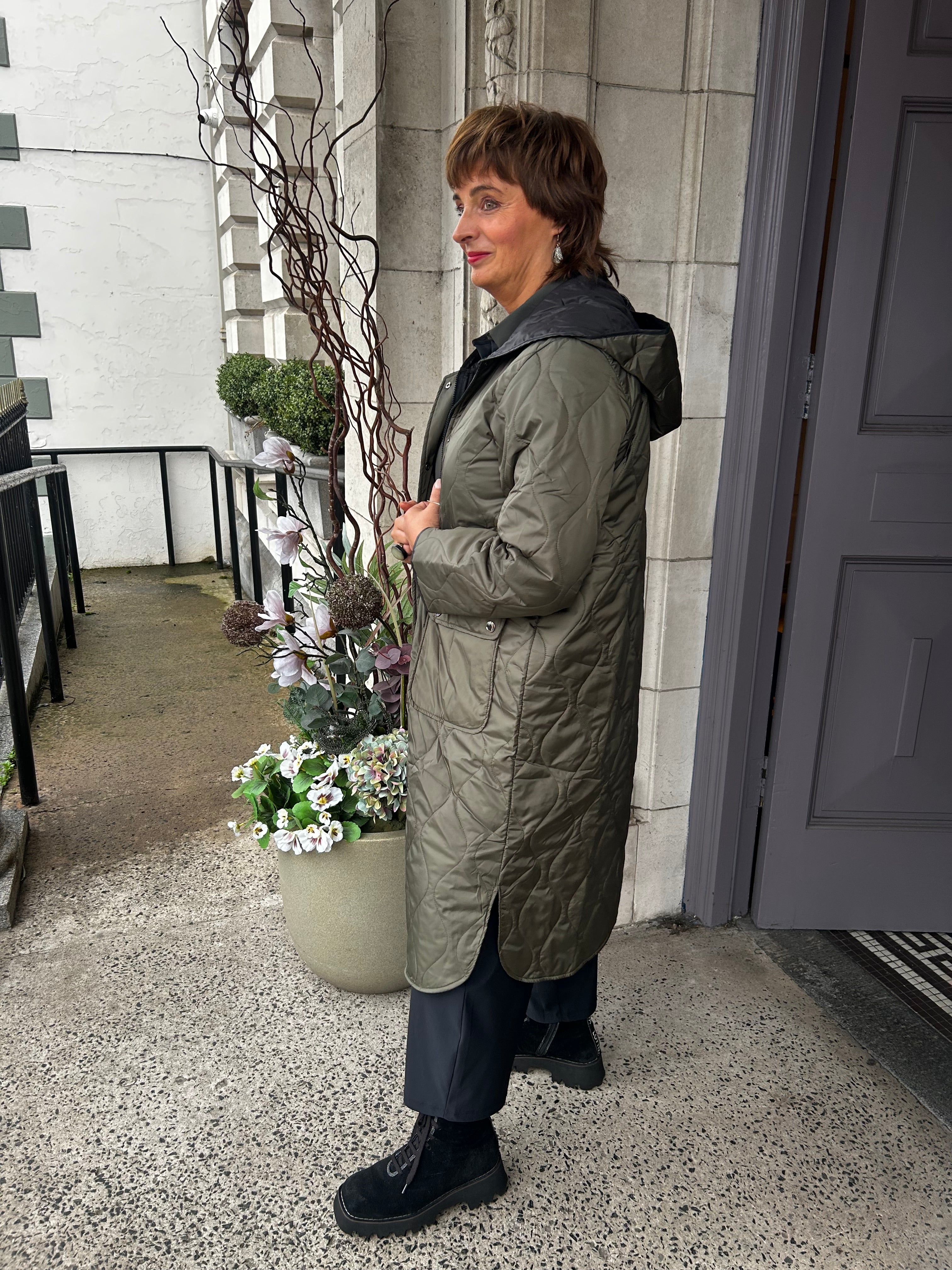 Padded Coat With Pocket And Stud Detail in Thyme