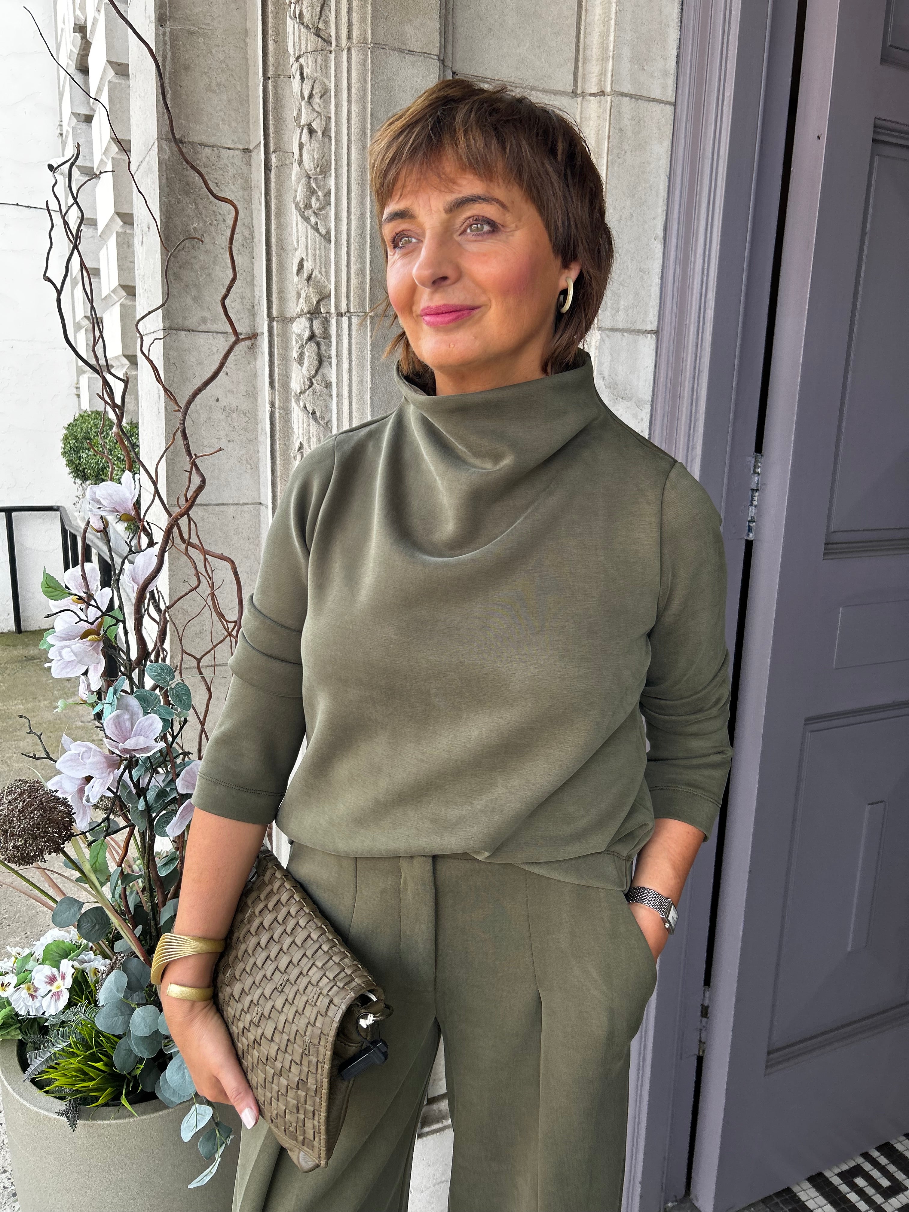Scuba Cowl Neck Top in Olive