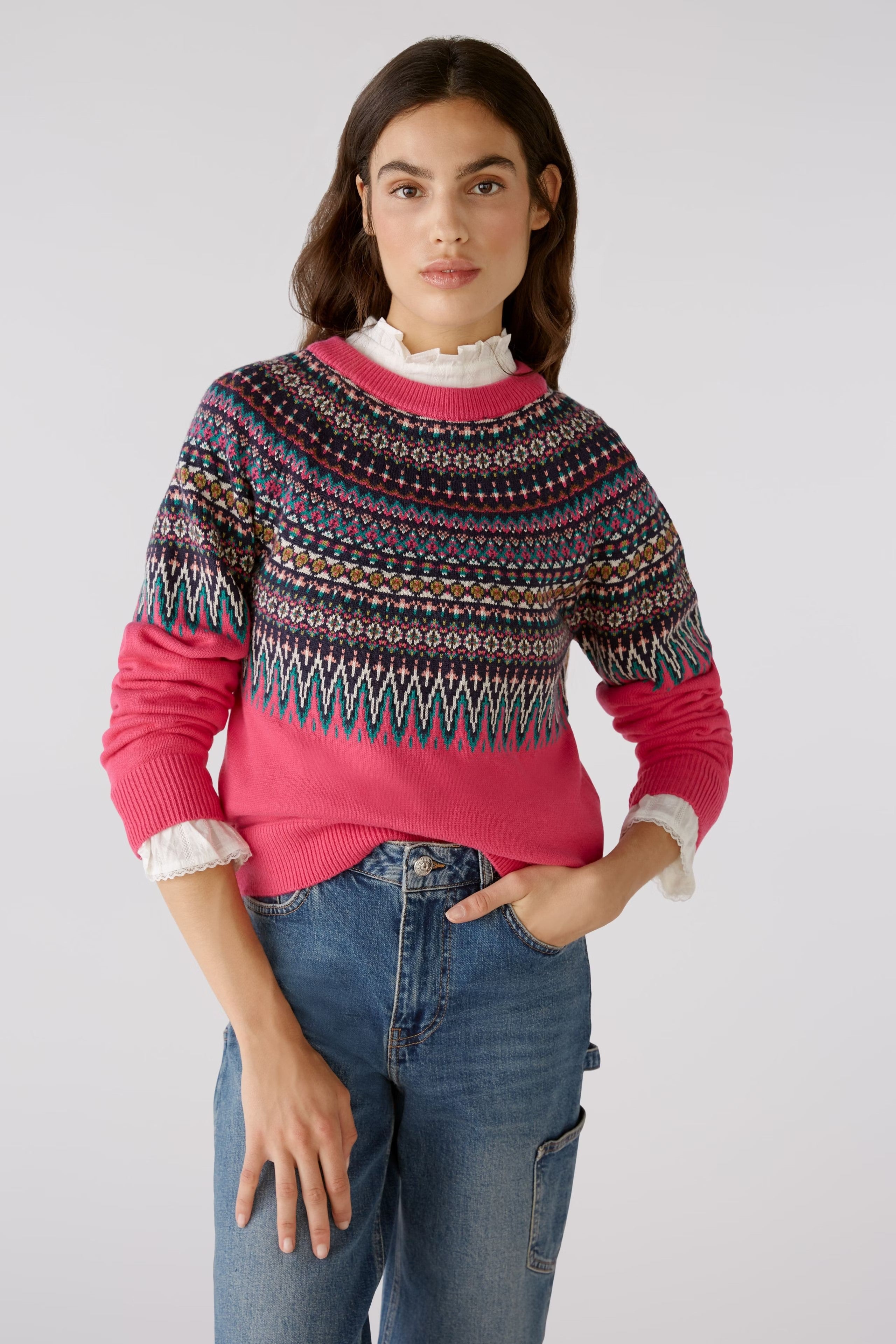 Jumper Knitted in Jacquard in Pink Green