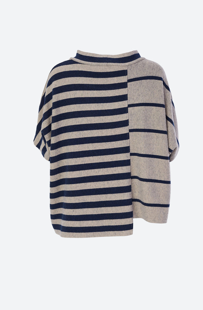 Multi-Stripe Knit with raised neck in Navy & Stone