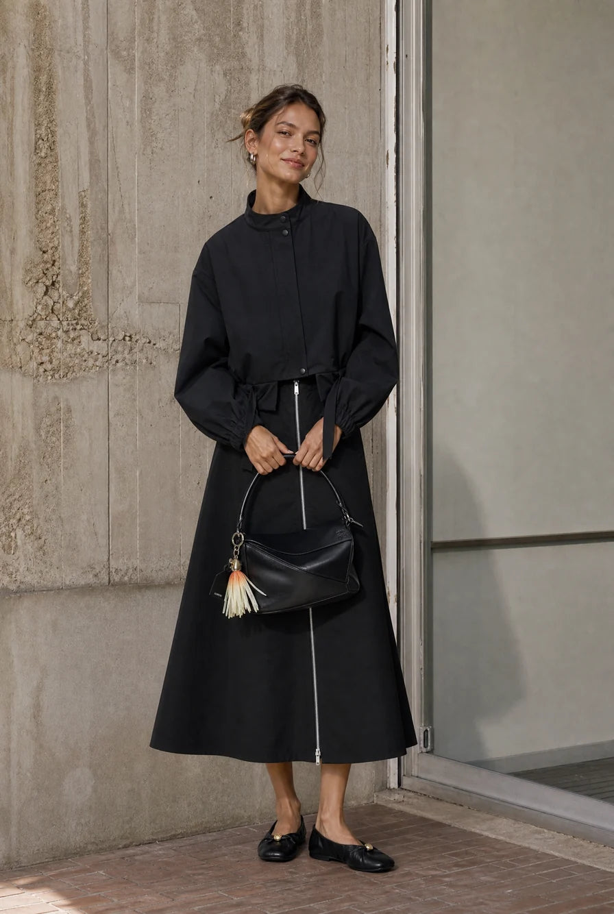 Bardolino Taffeta Zipper Skirt in Nero