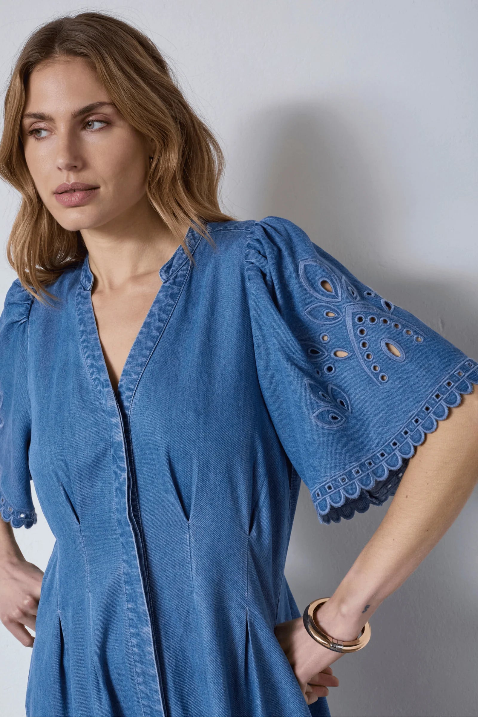 Tillycc Embroidered Pleat Dress in Denim Blue