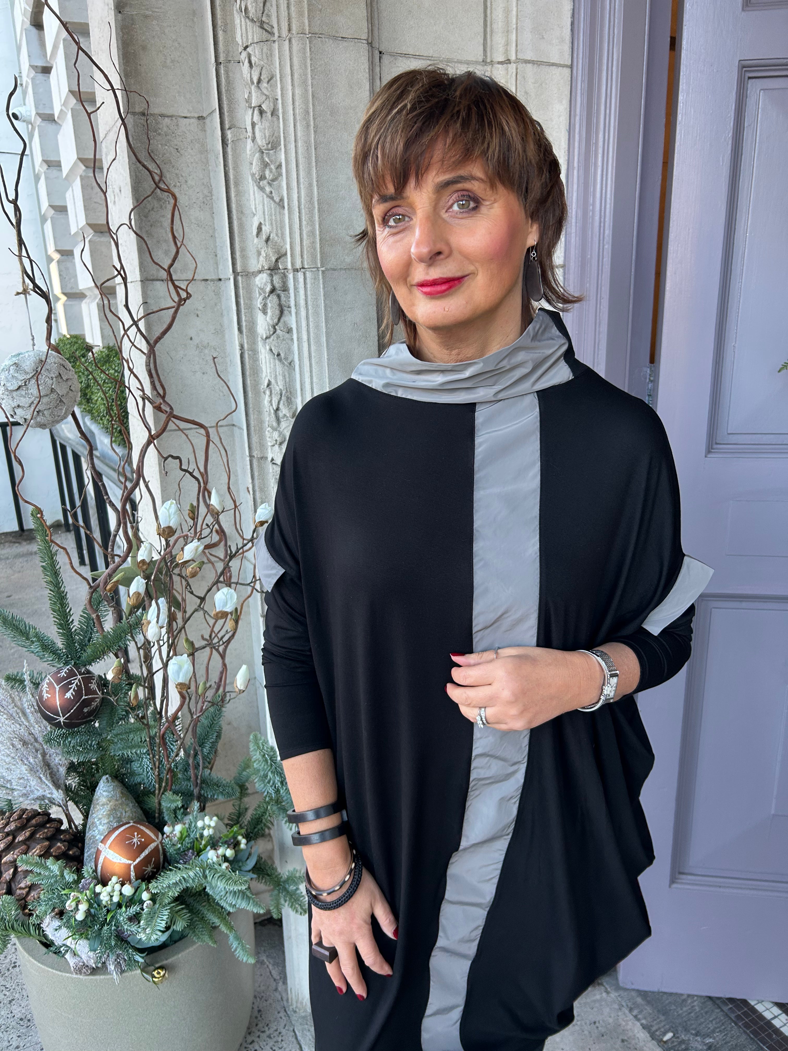 Satin Stripe Dress in Black/Grey