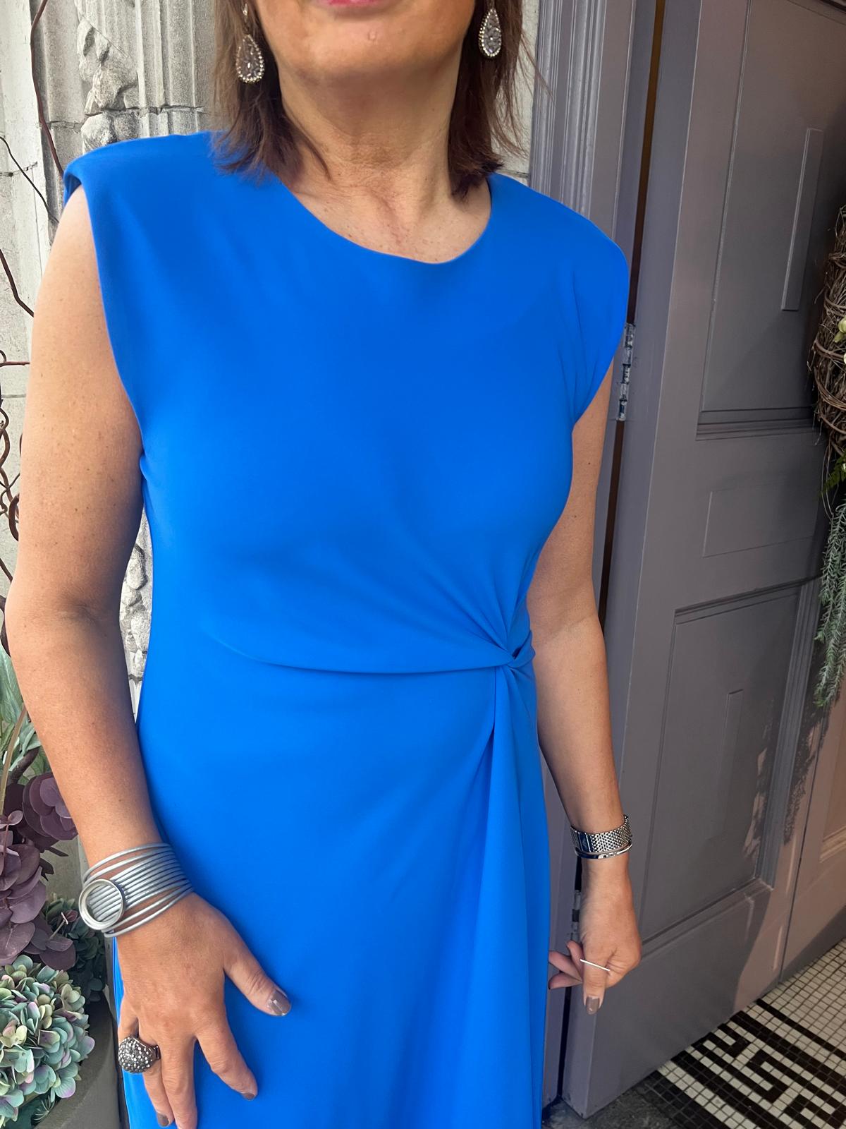 Round Neck Dress With Knot At Waist  in Dazzling Blue