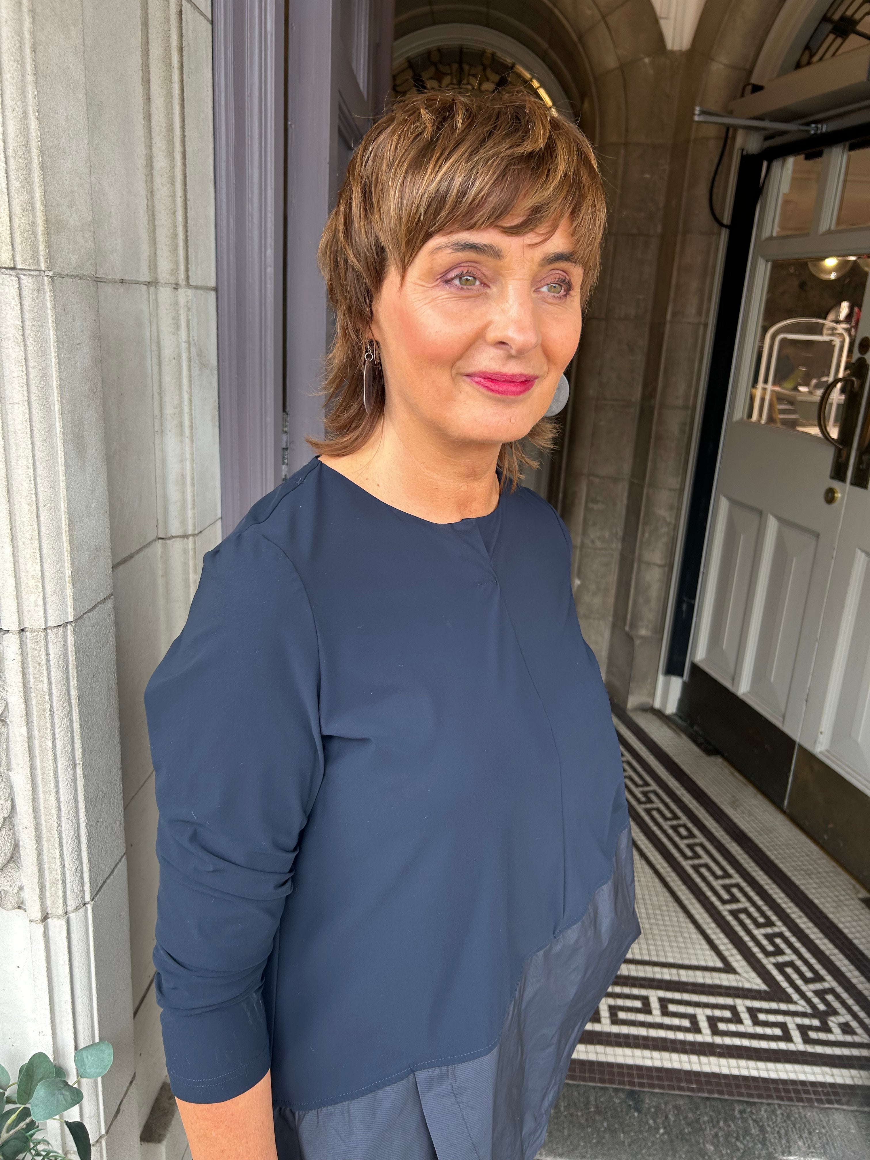 Mixed Fabric Top in Night Blue